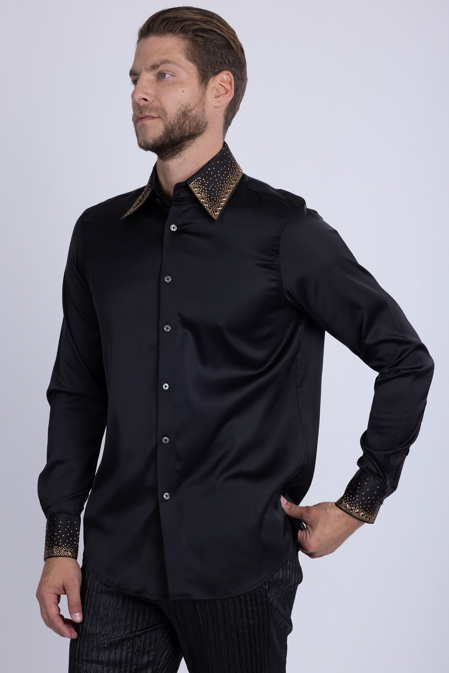 Barabas Men's Rhinestones Collar Stretch Long Sleeve Shirts 5BR21 Black