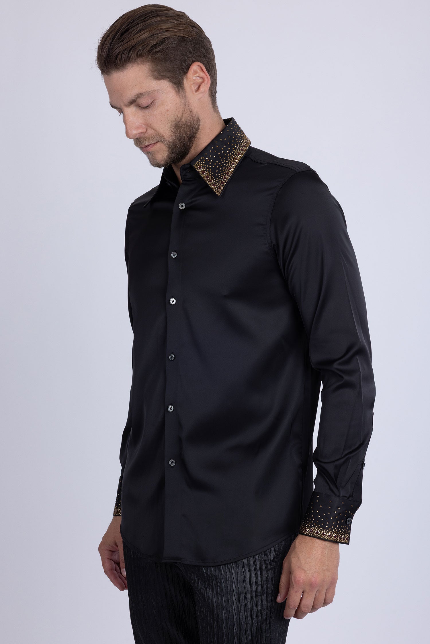Barabas Men's Rhinestones Collar Stretch Long Sleeve Shirts 5BR21 Black