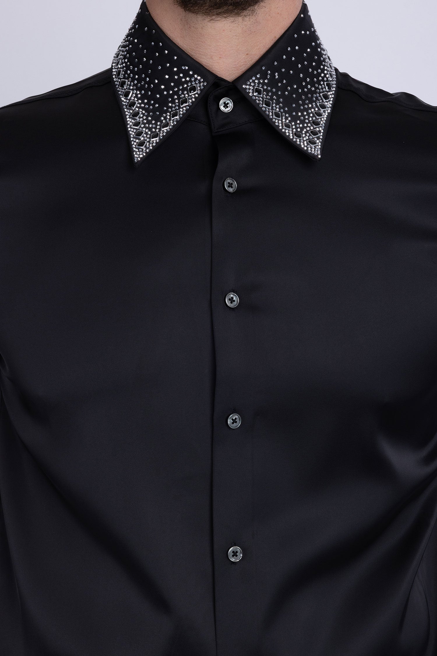 Barabas Men's Rhinestones Collar Stretch Long Sleeve Shirts 5BR21 Black Silver