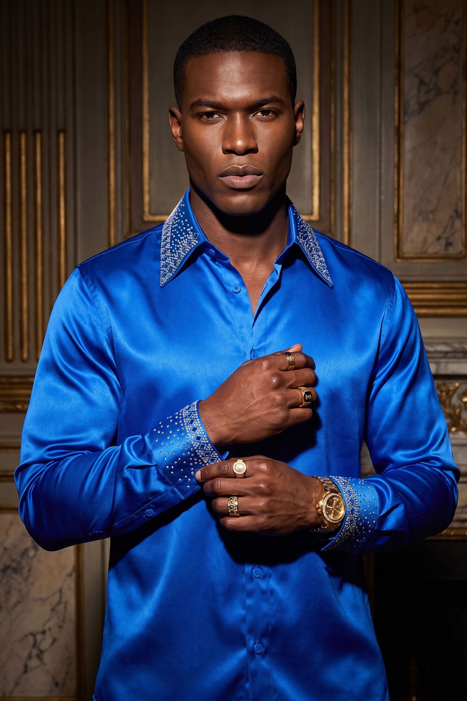 Barabas Men's Rhinestones Collar Stretch Long Sleeve Shirts 5BR21 Cobalt Blue Silver