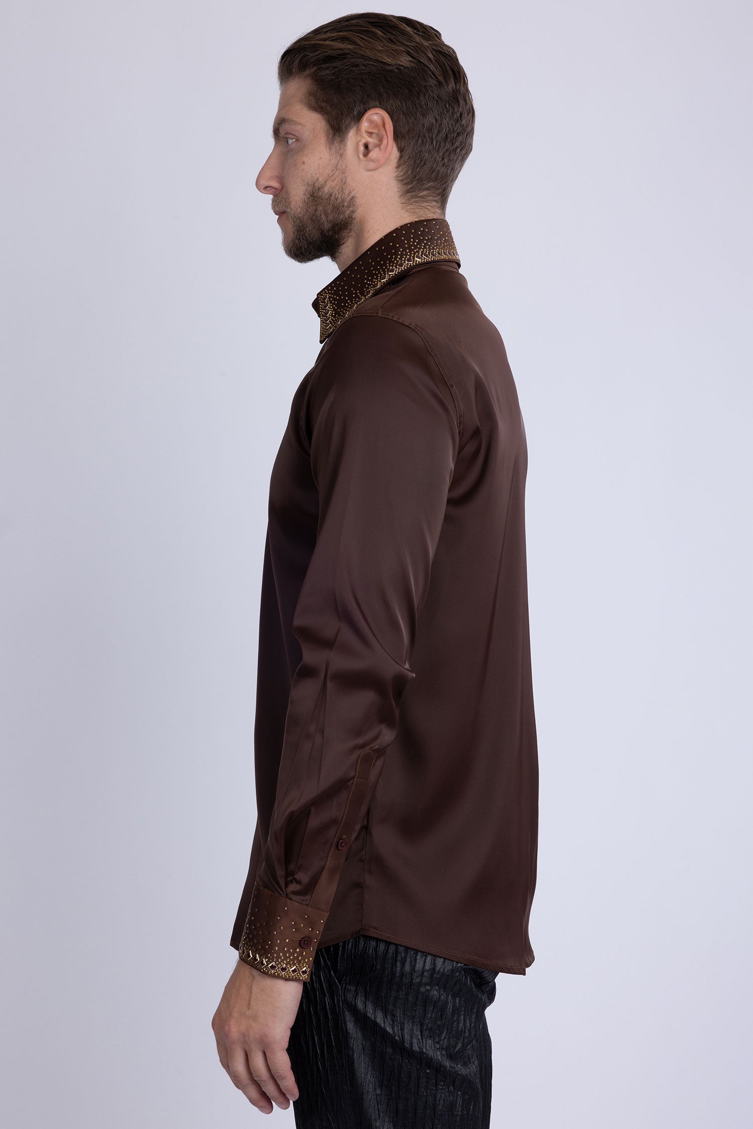 Barabas Men's Rhinestones Collar Stretch Long Sleeve Shirts 5BR21 Brown Gold