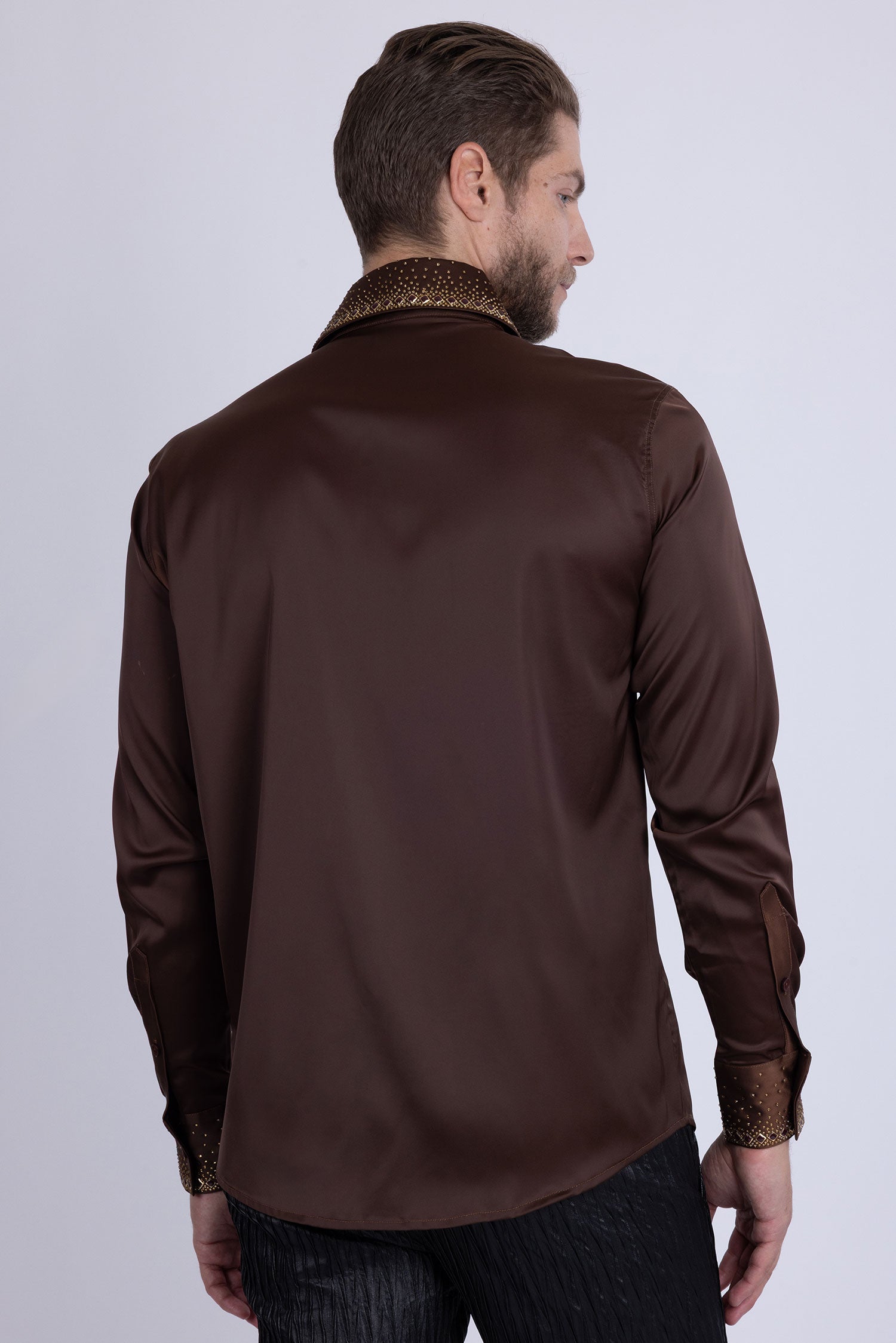 Barabas Men's Rhinestones Collar Stretch Long Sleeve Shirts 5BR21 Brown Gold