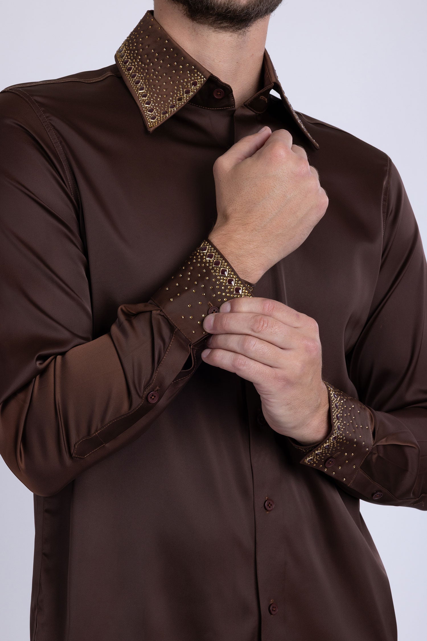 Barabas Men's Rhinestones Collar Stretch Long Sleeve Shirts 5BR21 Brown Gold