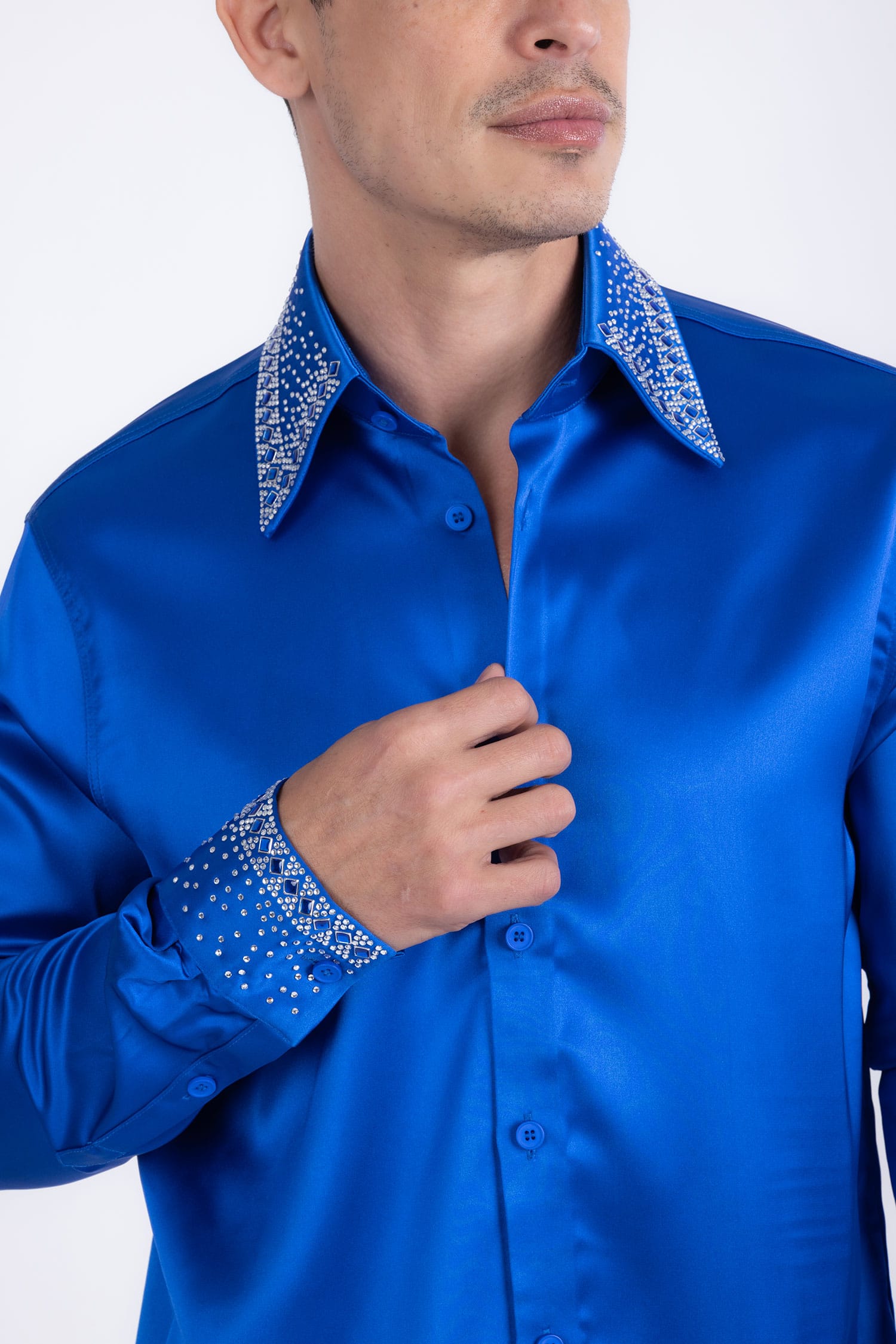 Barabas Men's Rhinestones Collar Stretch Long Sleeve Shirts 5BR21 Blue Silver