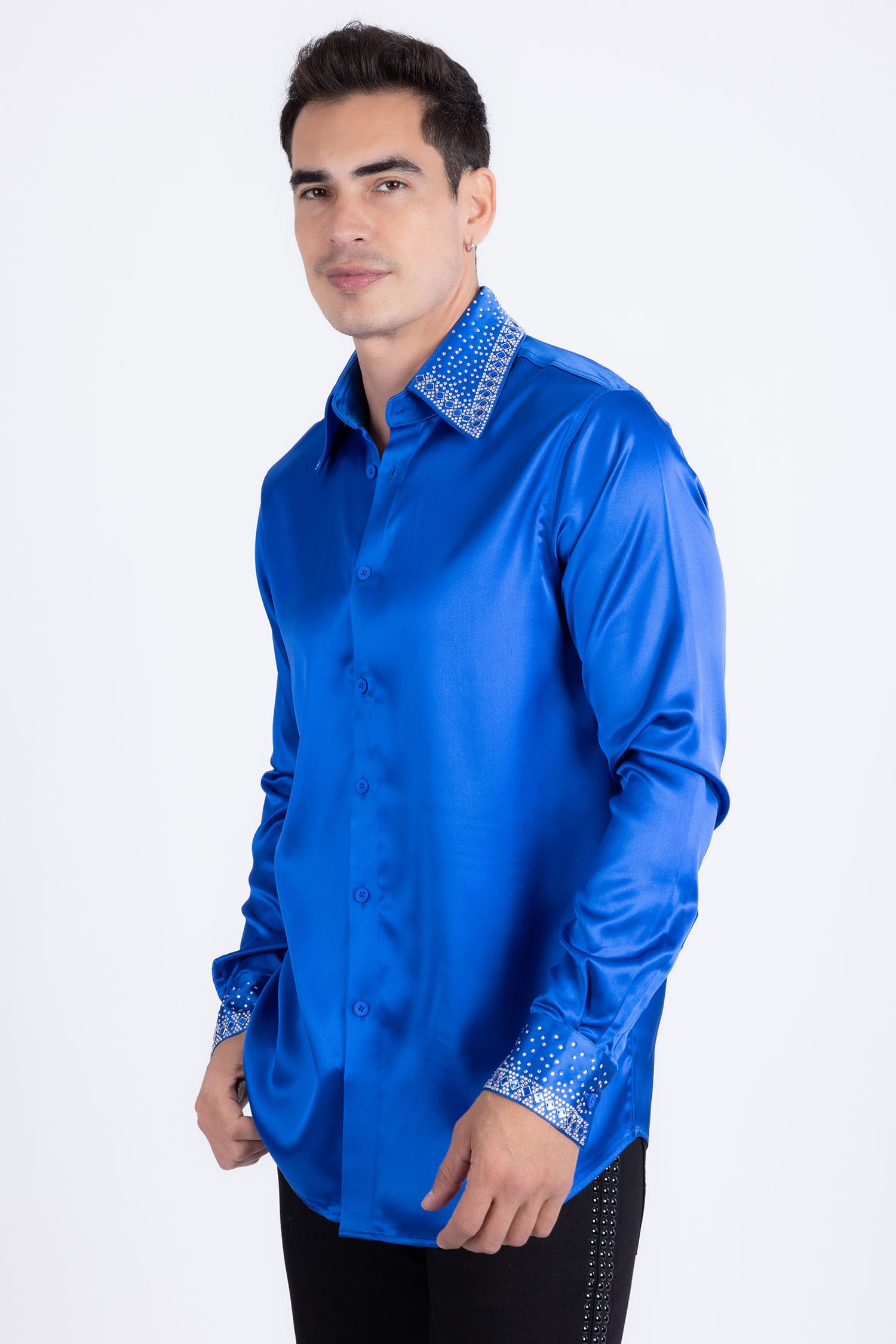 Barabas Men's Rhinestones Collar Stretch Long Sleeve Shirts 5BR21 Blue