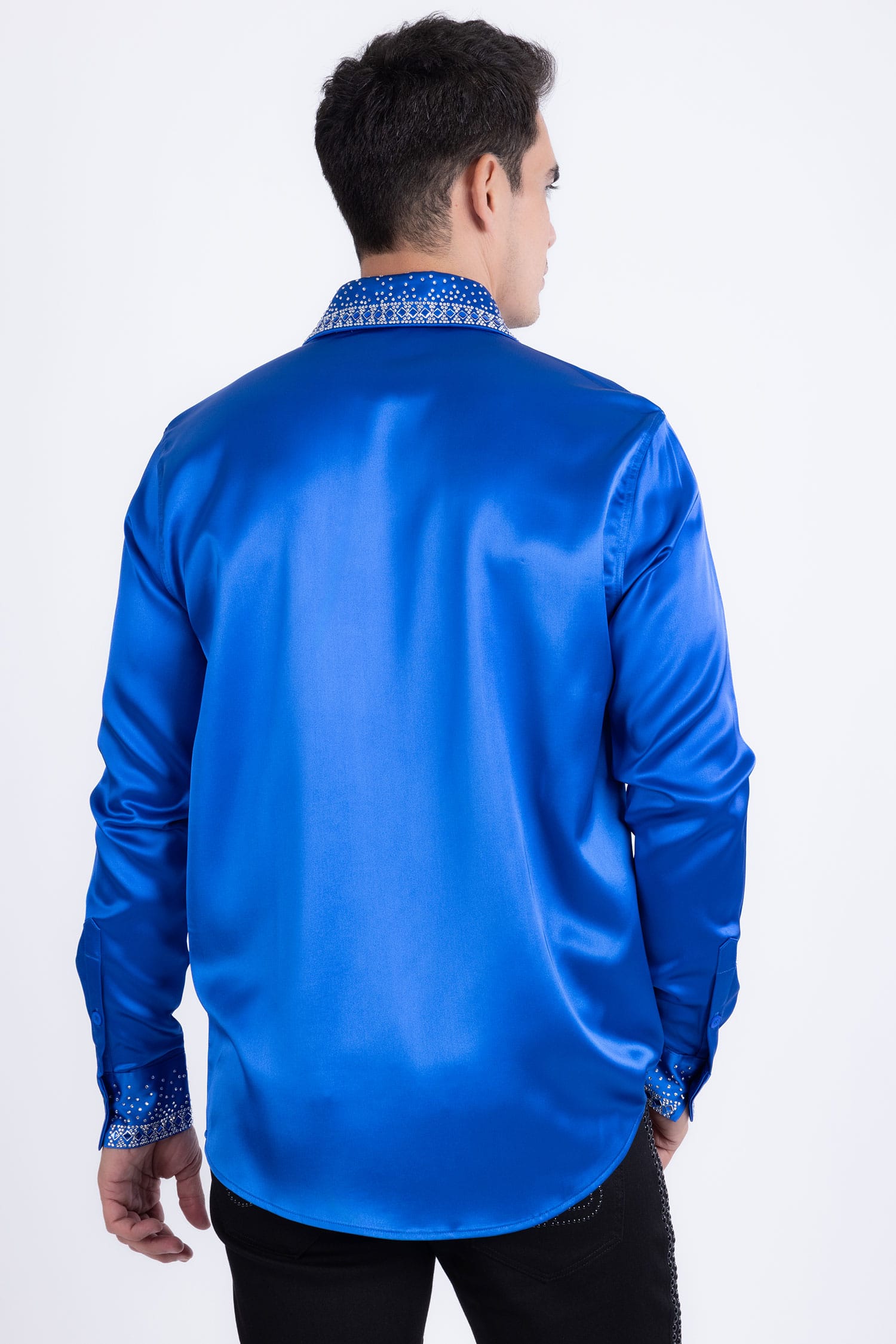 Barabas Men's Rhinestones Collar Stretch Long Sleeve Shirts 5BR21 Cobalt Blue Silver