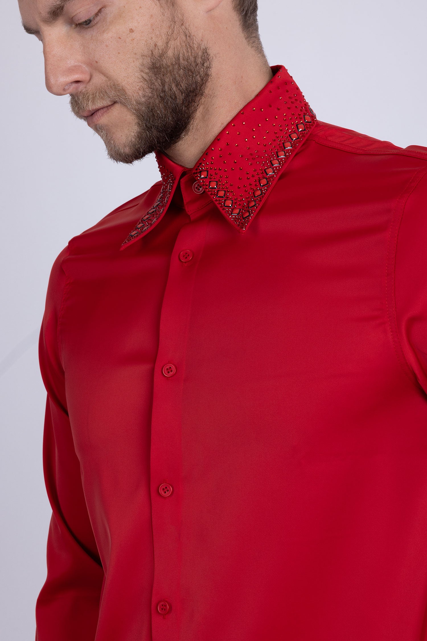 Barabas Men's Rhinestones Collar Stretch Long Sleeve Shirts 5BR21 Red