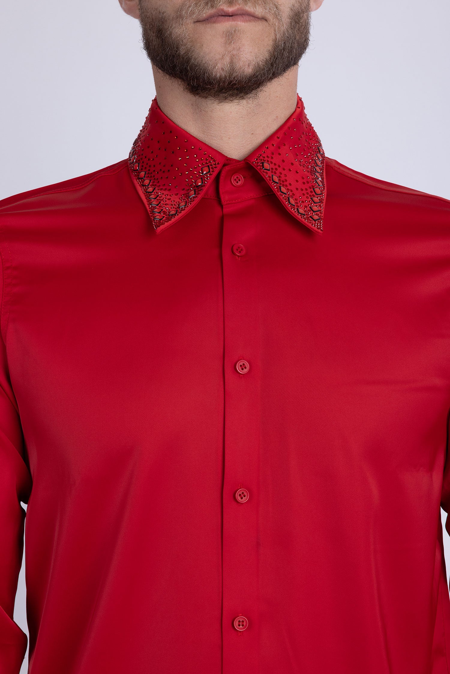 Barabas Men's Rhinestones Collar Stretch Long Sleeve Shirts 5BR21 Red