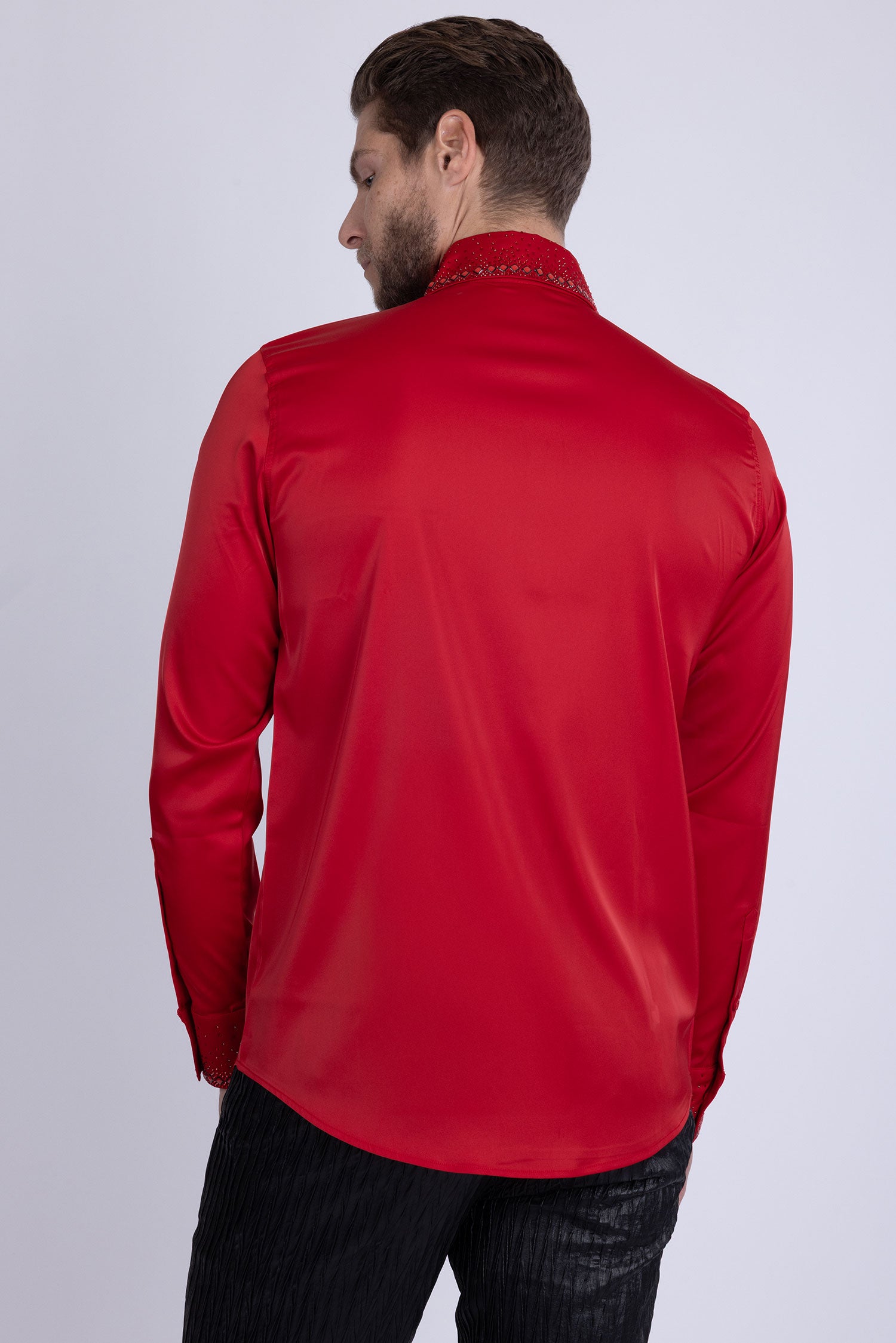 Barabas Men's Rhinestones Collar Stretch Long Sleeve Shirts 5BR21 Red