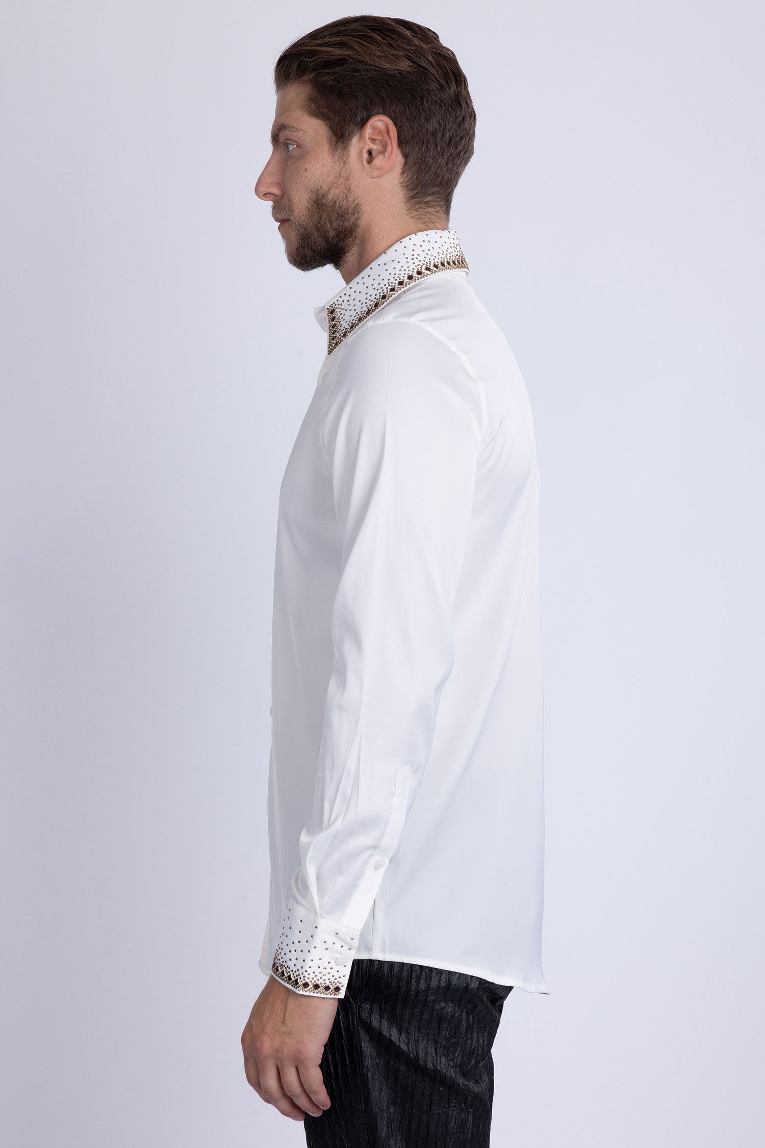Barabas Men's Rhinestones Collar Stretch Long Sleeve Shirts 5BR21 White Gold