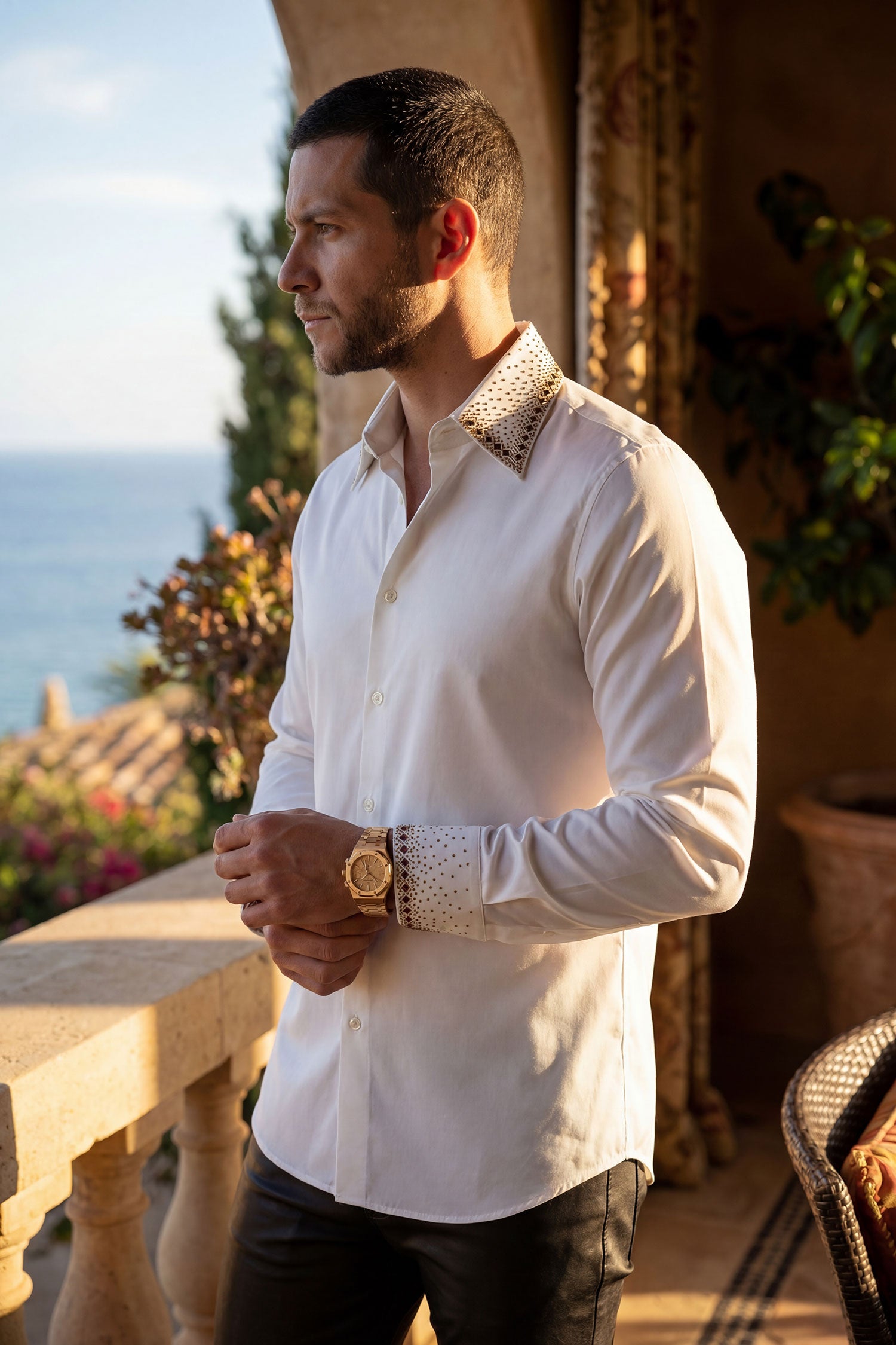 Barabas Men's Rhinestones Collar Stretch Long Sleeve Shirts 5BR21 White