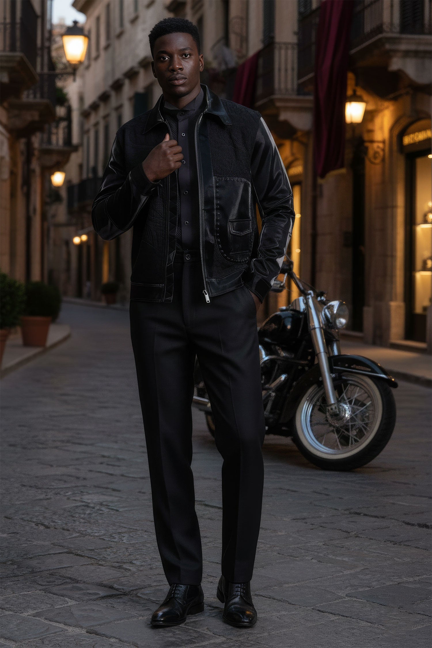 Barabas Men's Solid Color Embroidered Shiny Bomber Jacket 5C01 Black