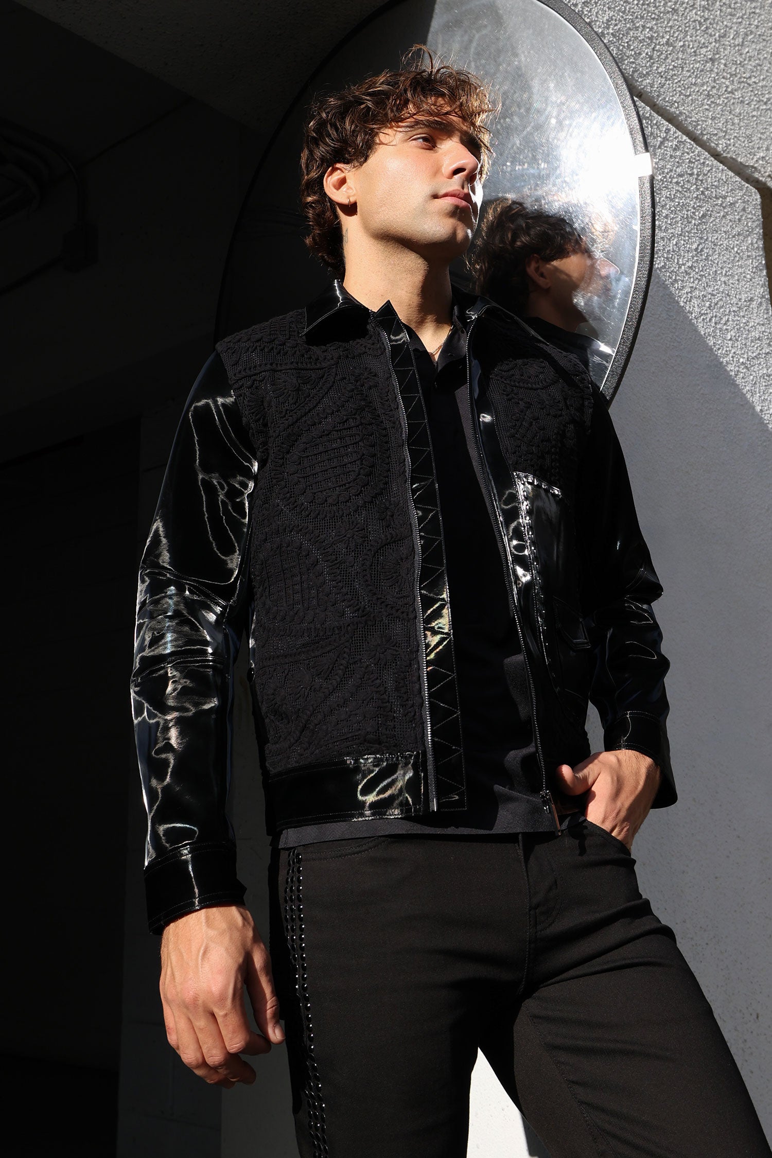 Barabas Men's Solid Color Embroidered Shiny Bomber Jacket 5C01 Black