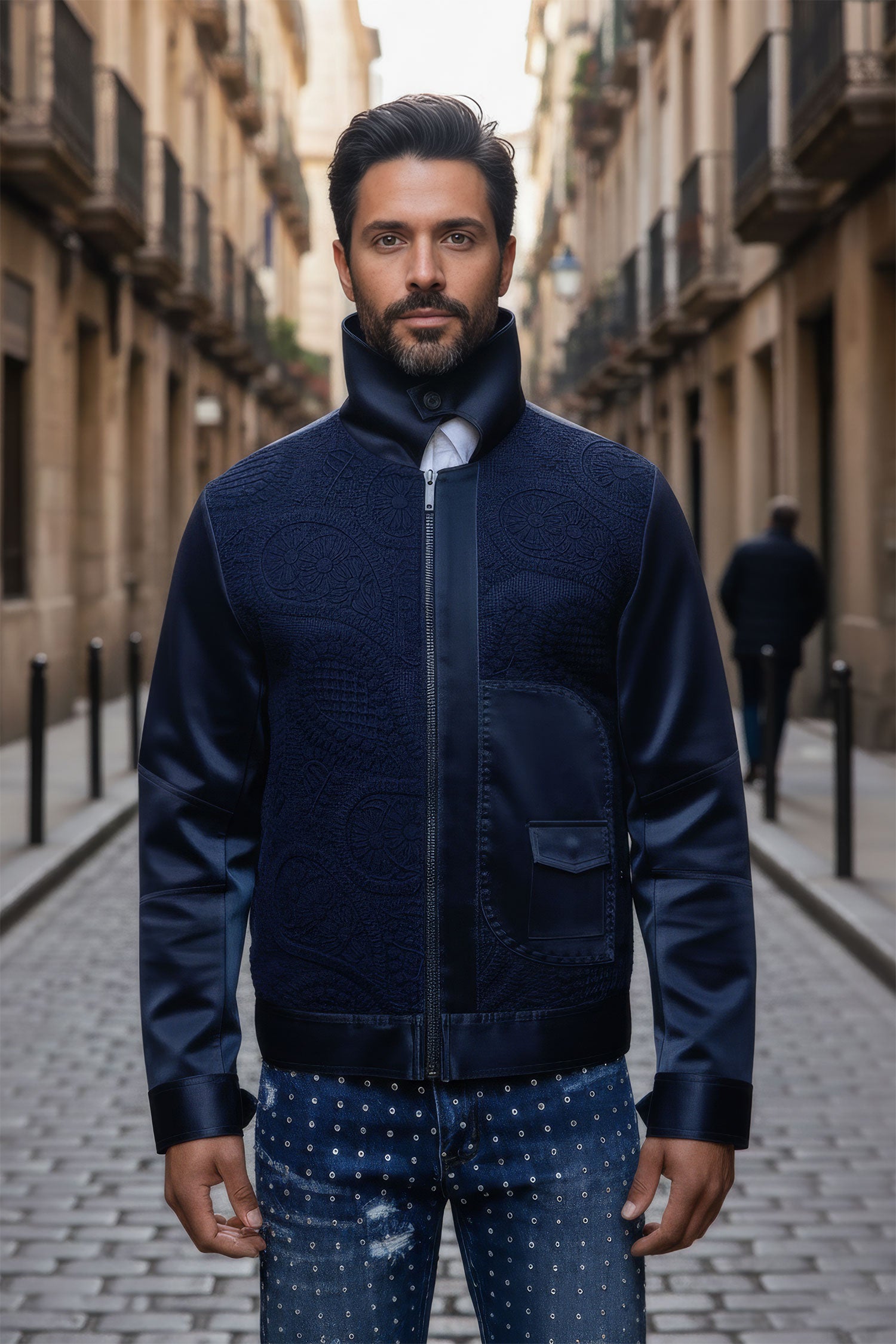 Barabas Men's Solid Color Embroidered Shiny Bomber Jacket 5C01 Navy