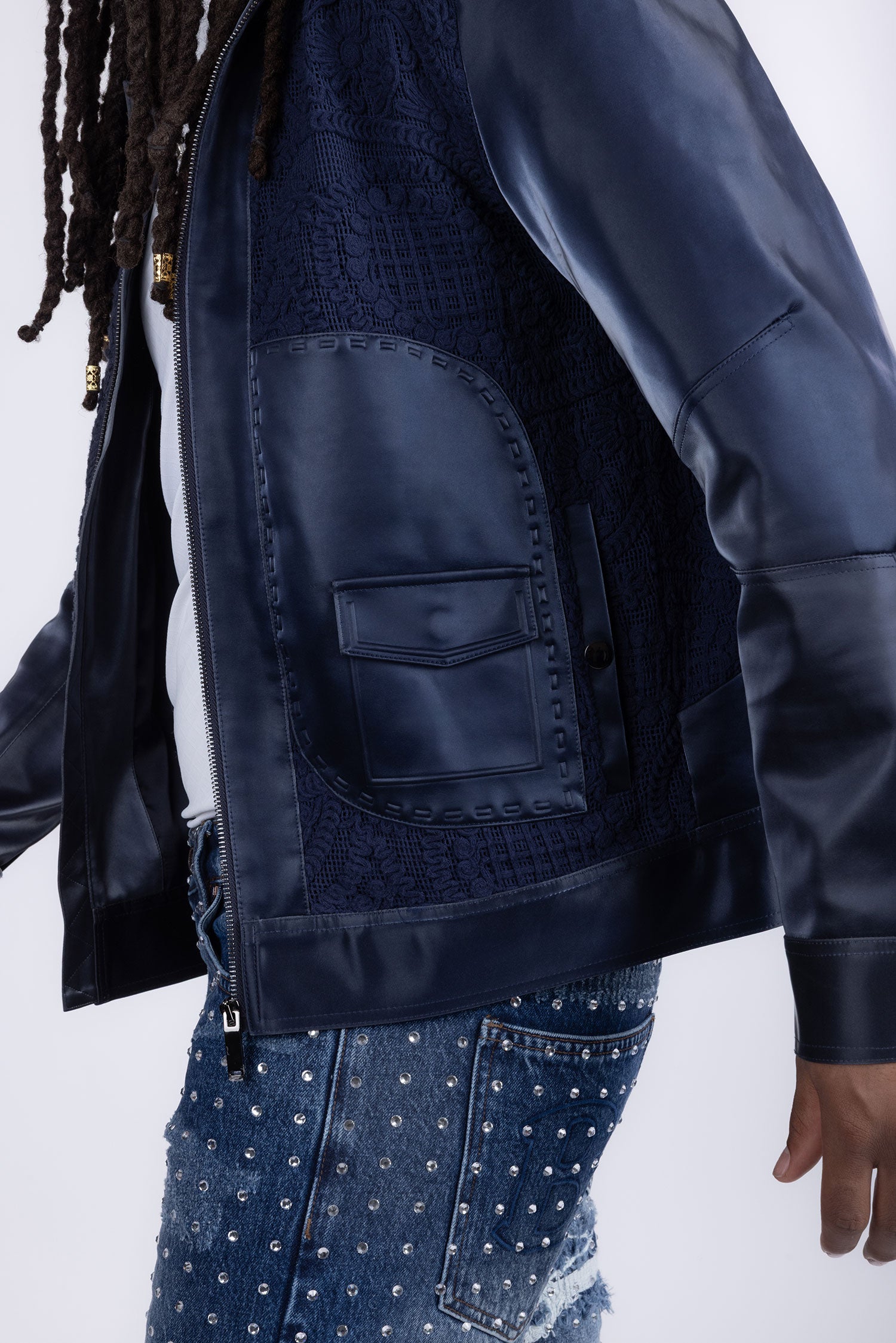 Barabas Men's Solid Color Embroidered Shiny Bomber Jacket 5C01 Navy