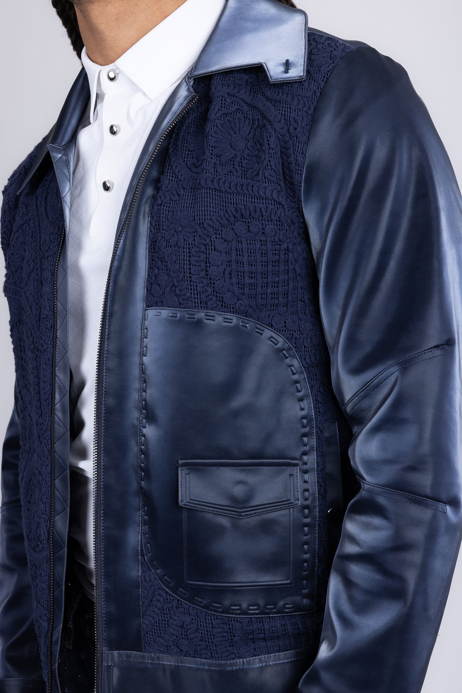 Barabas Men's Solid Color Embroidered Shiny Bomber Jacket 5C01 Navy