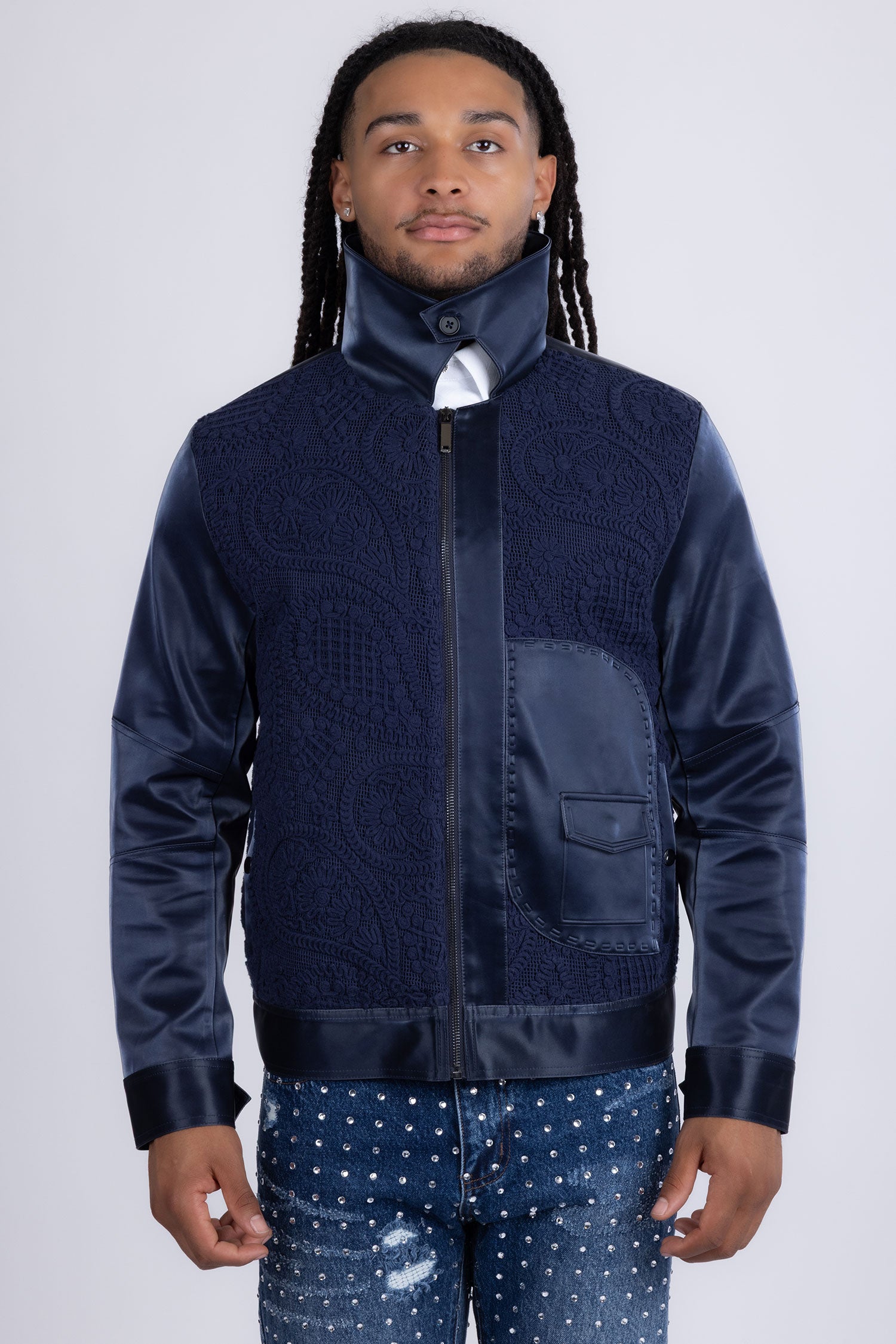 Barabas Men's Solid Color Embroidered Shiny Bomber Jacket 5C01 Navy