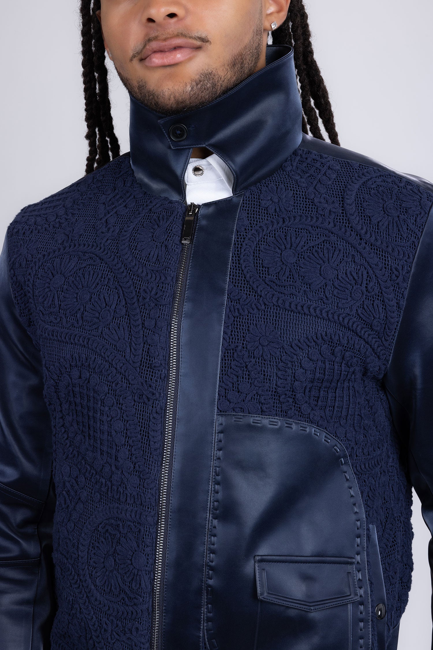 Barabas Men's Solid Color Embroidered Shiny Bomber Jacket 5C01 Navy