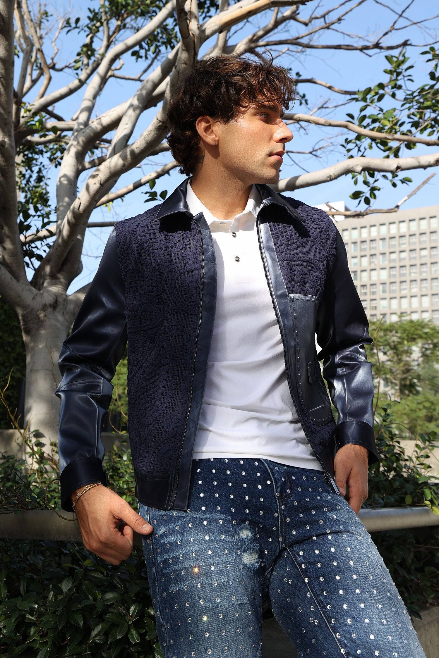 Barabas Men's Solid Color Embroidered Shiny Bomber Jacket 5C01 Navy