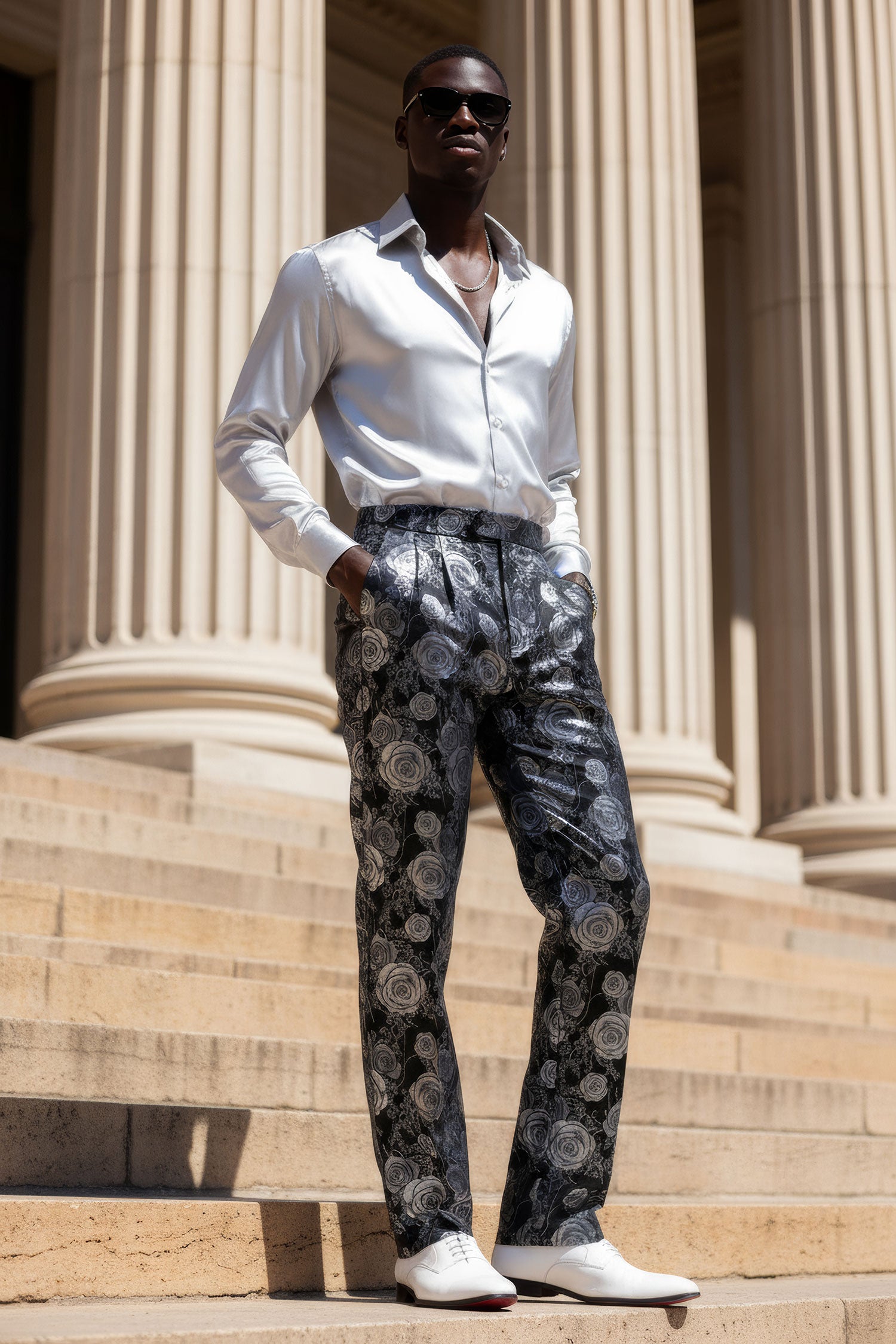 Barabas Men's Floral Slim Fit Chino Dress Pants 5CP02 Black Silver