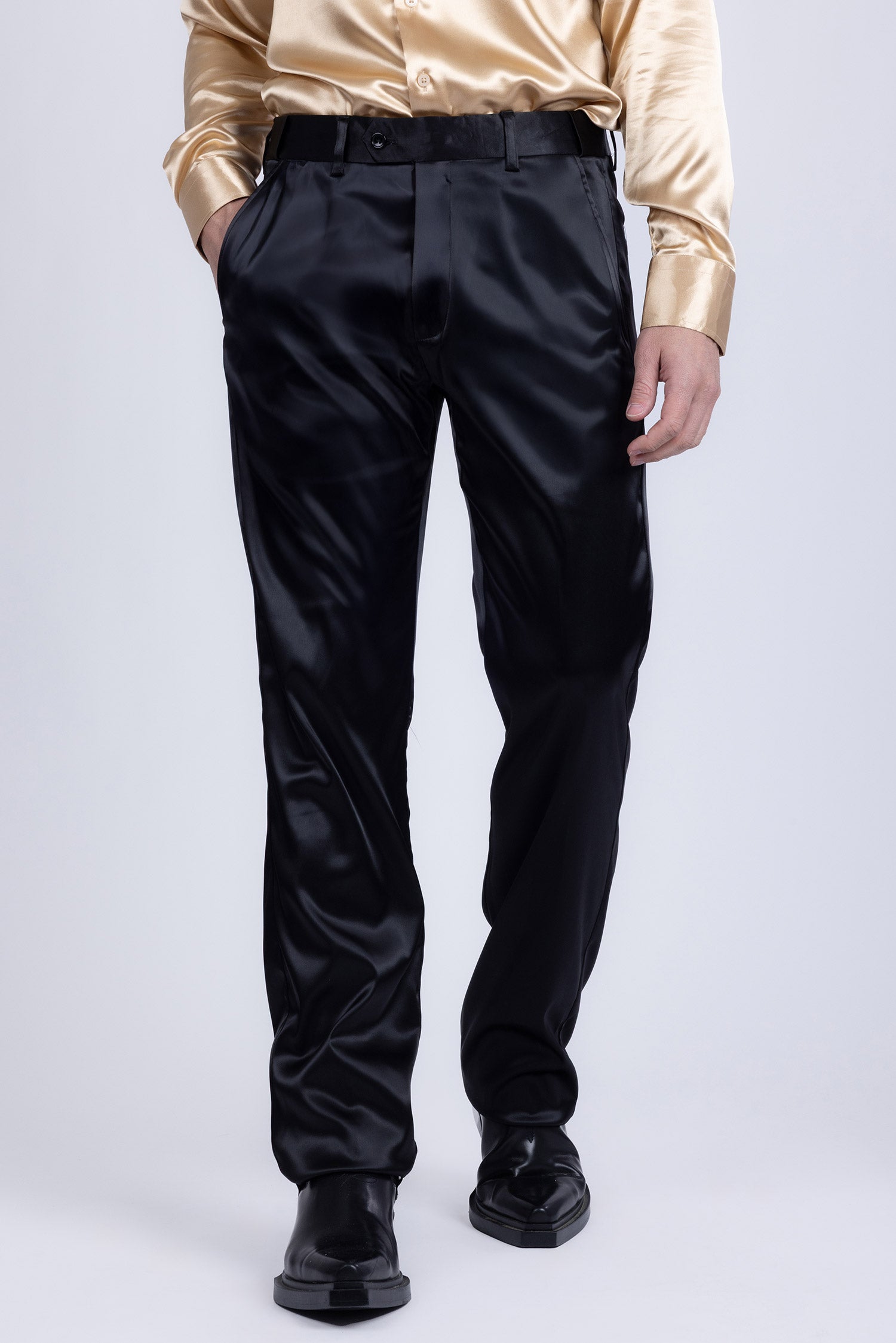 Barabas Men's Shiny Stretch Solid Color Dress Pants 5CP09 Black