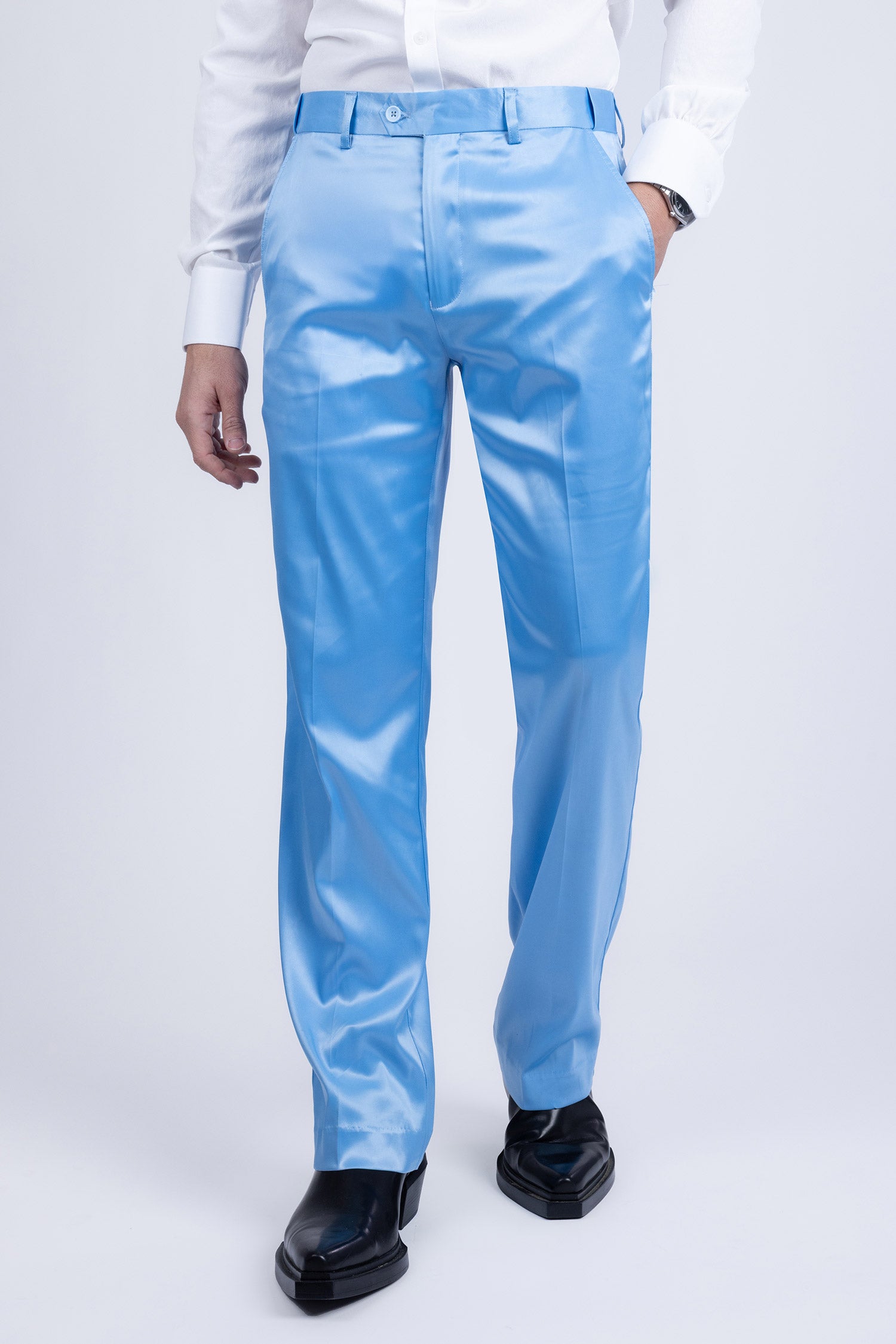 Barabas Men's Shiny Stretch Solid Color Dress Pants 5CP09 Blue