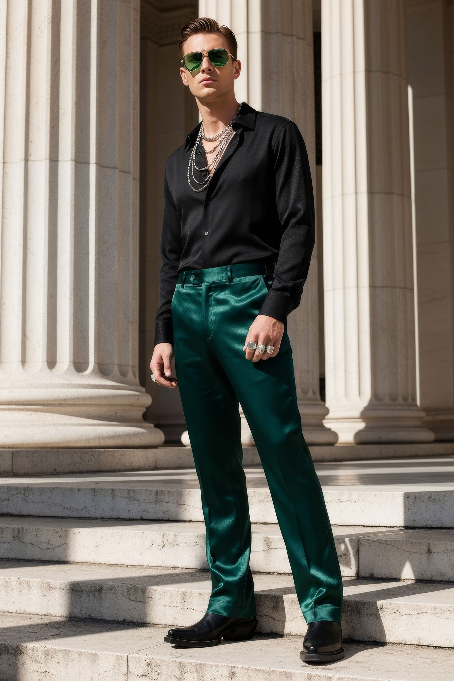 Barabas Men's Shiny Stretch Solid Color Dress Pants 5CP09 Emerald