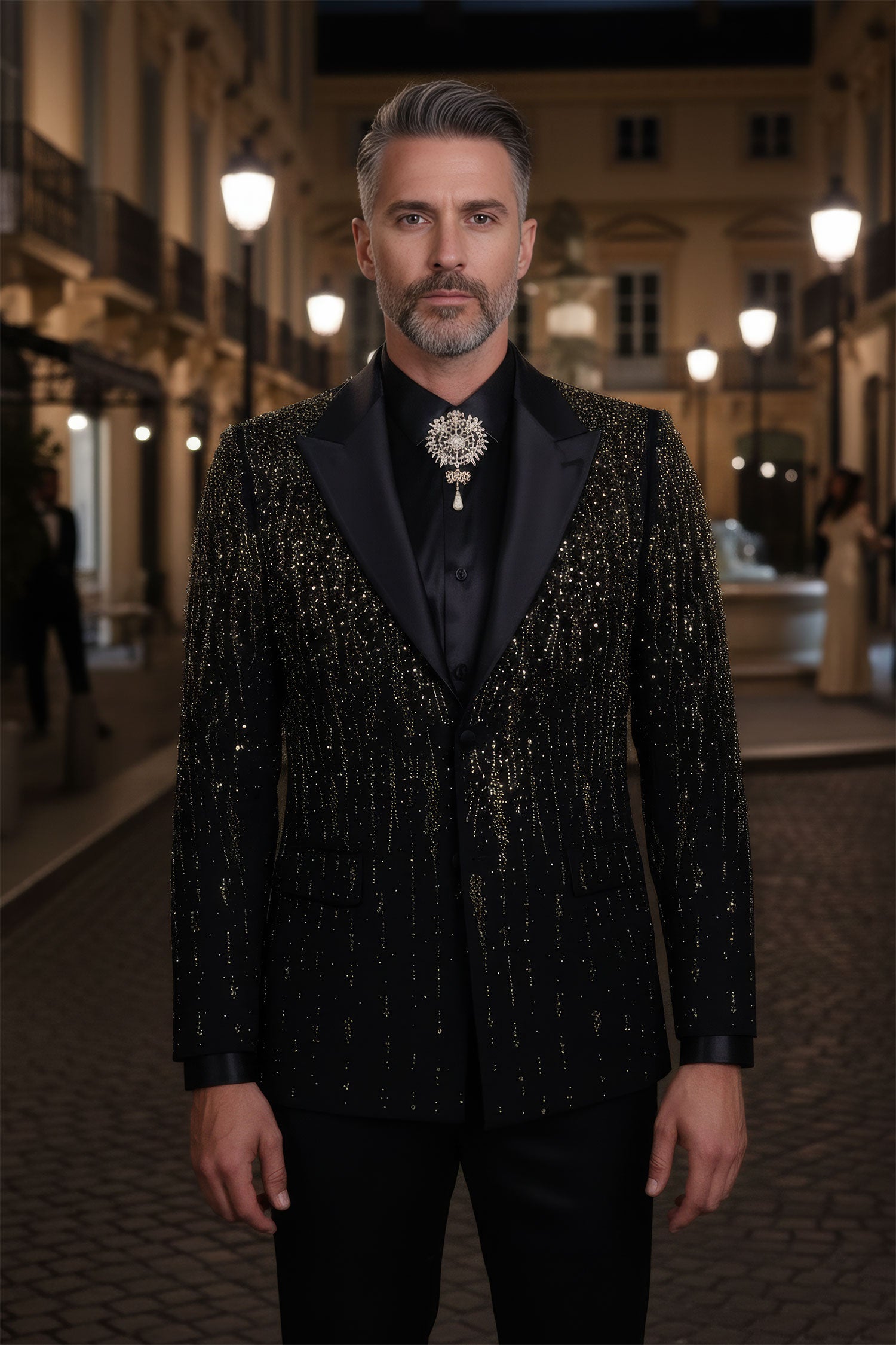 Barabas Men's Rhinestones Beaded Design Peak Lapel Blazer 5EBL01 Black Gold