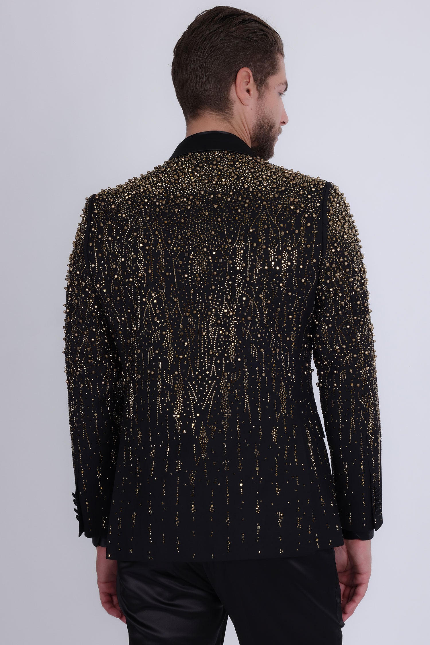 Barabas Men's Rhinestones Beaded Design Peak Lapel Blazer 5EBL01 Black Gold