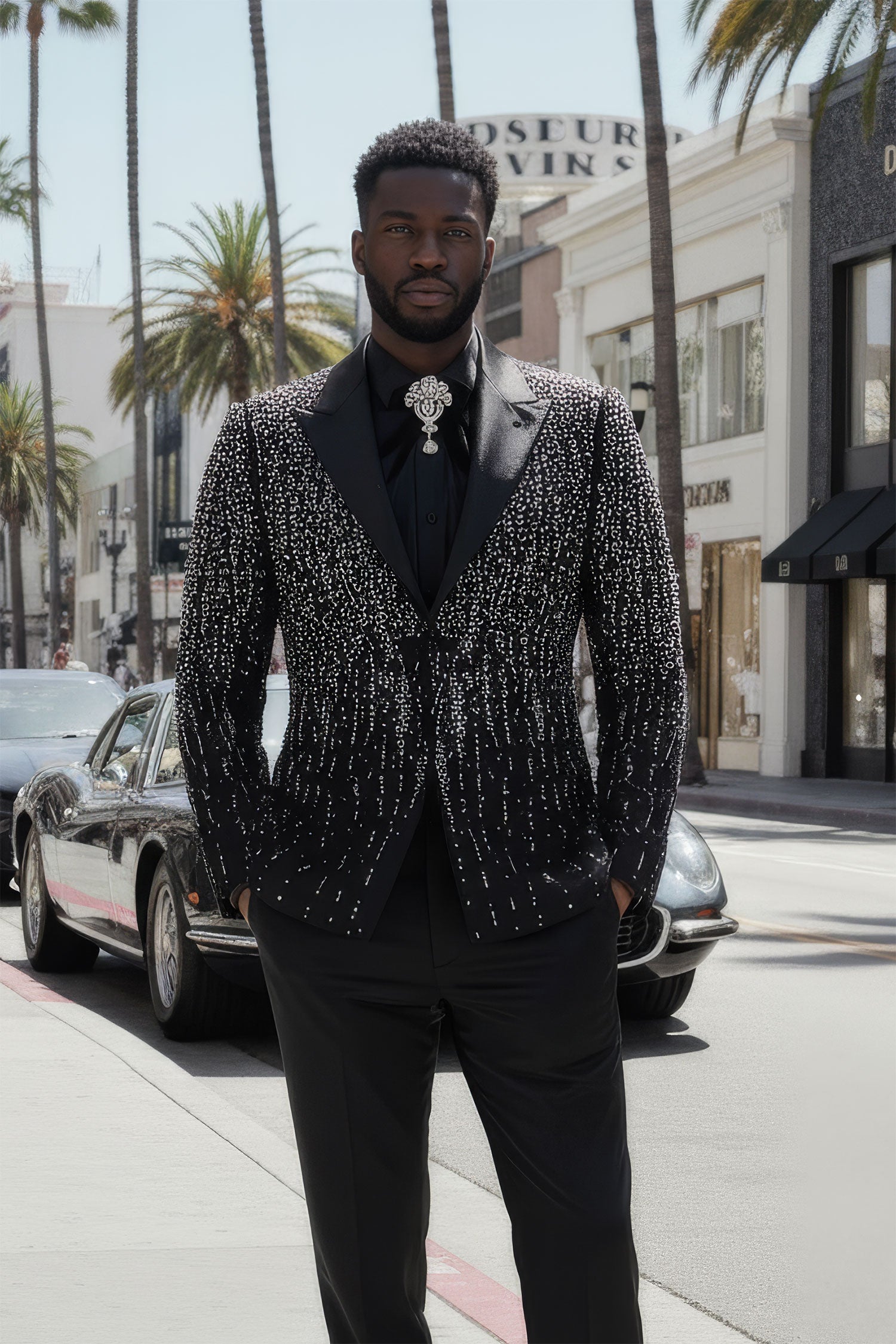 Barabas Men's Rhinestones Beaded Design Peak Lapel Blazer 5EBL01 Black Silver