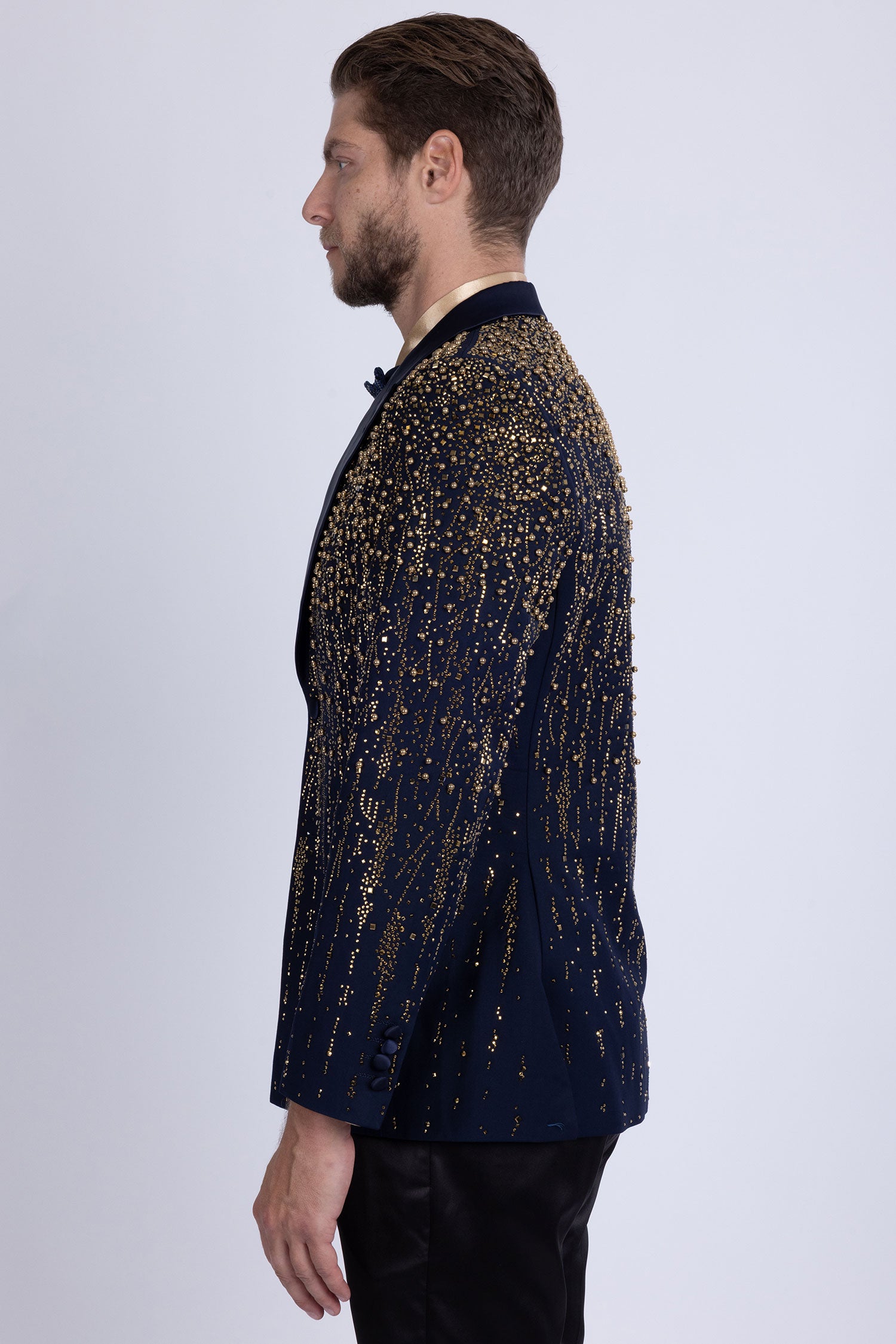 Barabas Men's Rhinestones Beaded Design Peak Lapel Blazer 5EBL01 Navy Gold