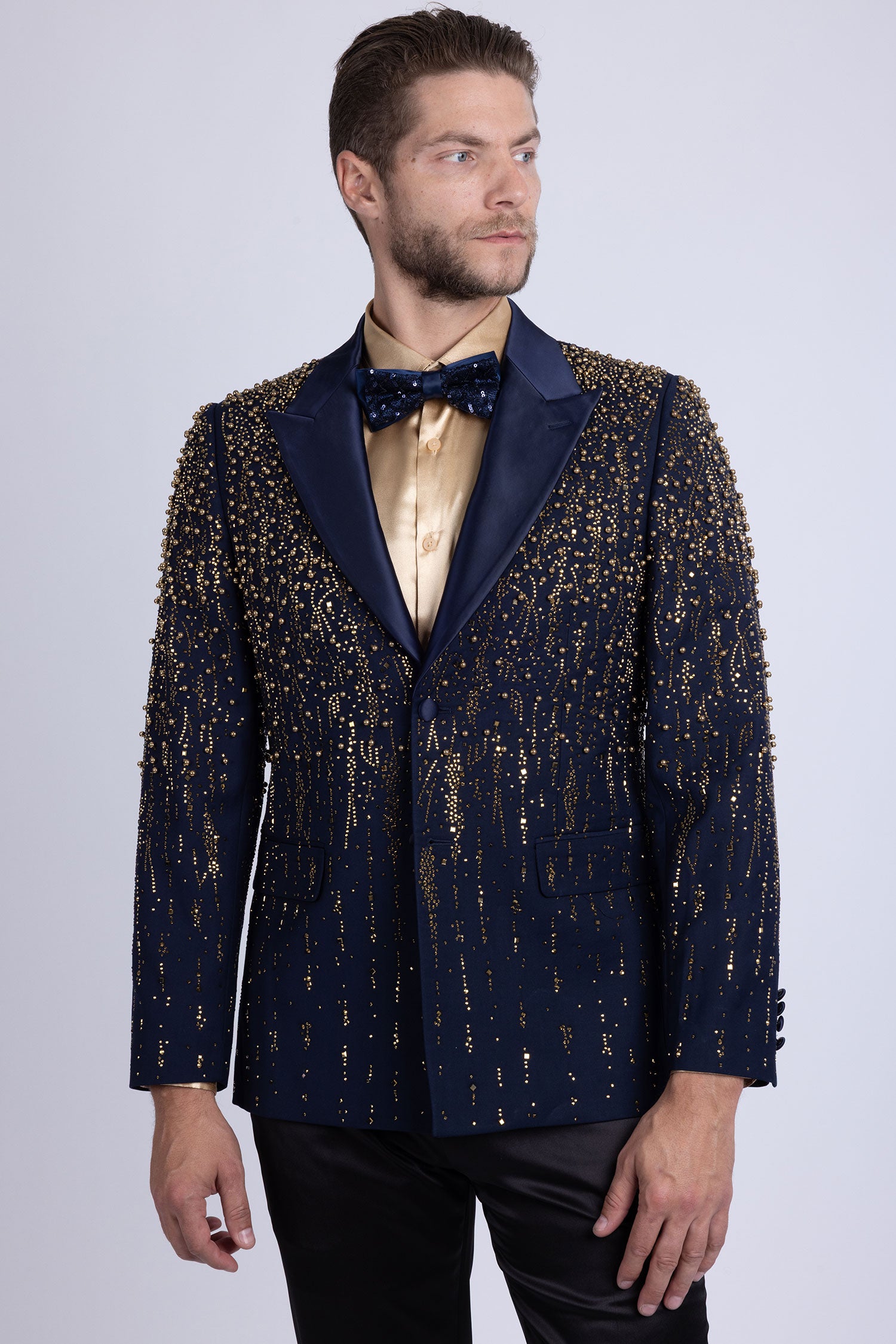 Barabas Men's Rhinestones Beaded Design Peak Lapel Blazer 5EBL01 Navy Gold