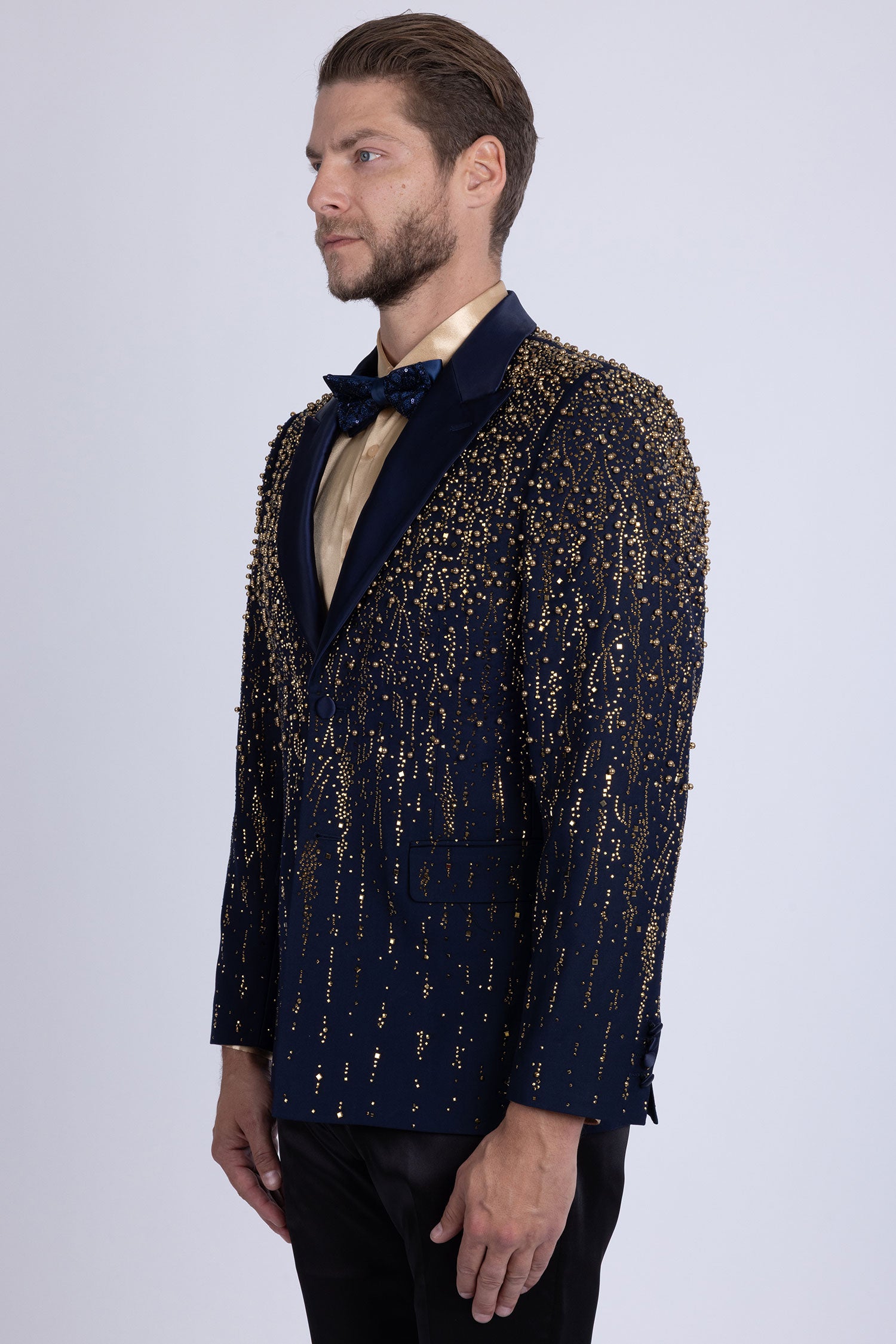 Barabas Men's Rhinestones Beaded Design Peak Lapel Blazer 5EBL01 Navy Gold
