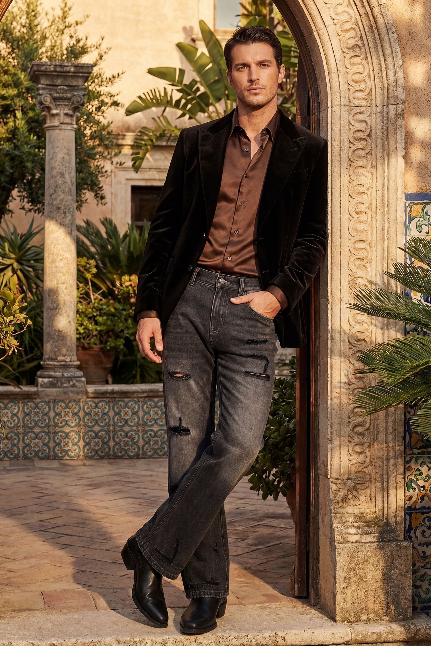 Barabas Men's Ripped Washed Rhinestone Casual Stretch Jeans 5ED03 Black