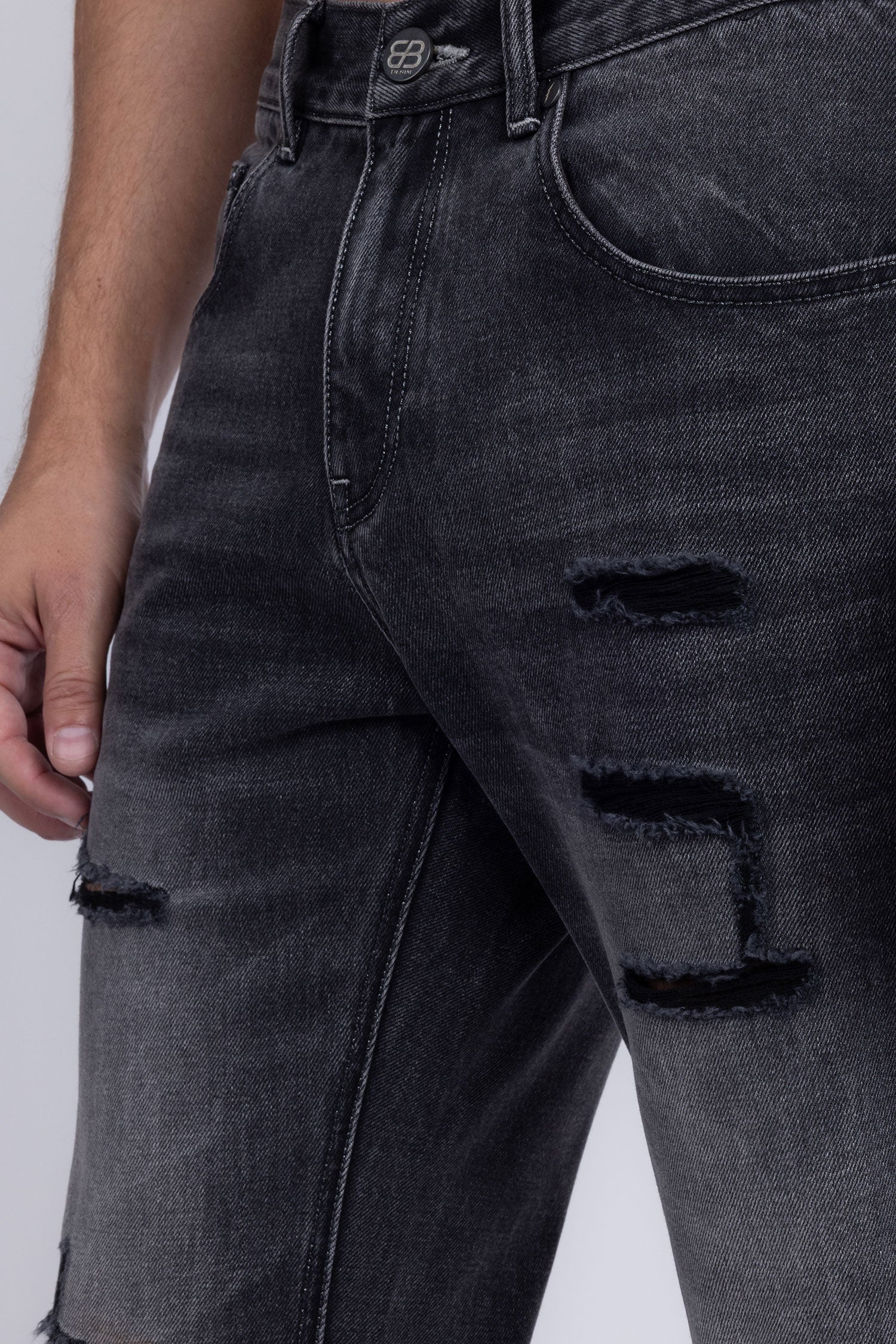 Barabas Men's Ripped Washed Rhinestone Casual Stretch Jeans 5ED03 Black