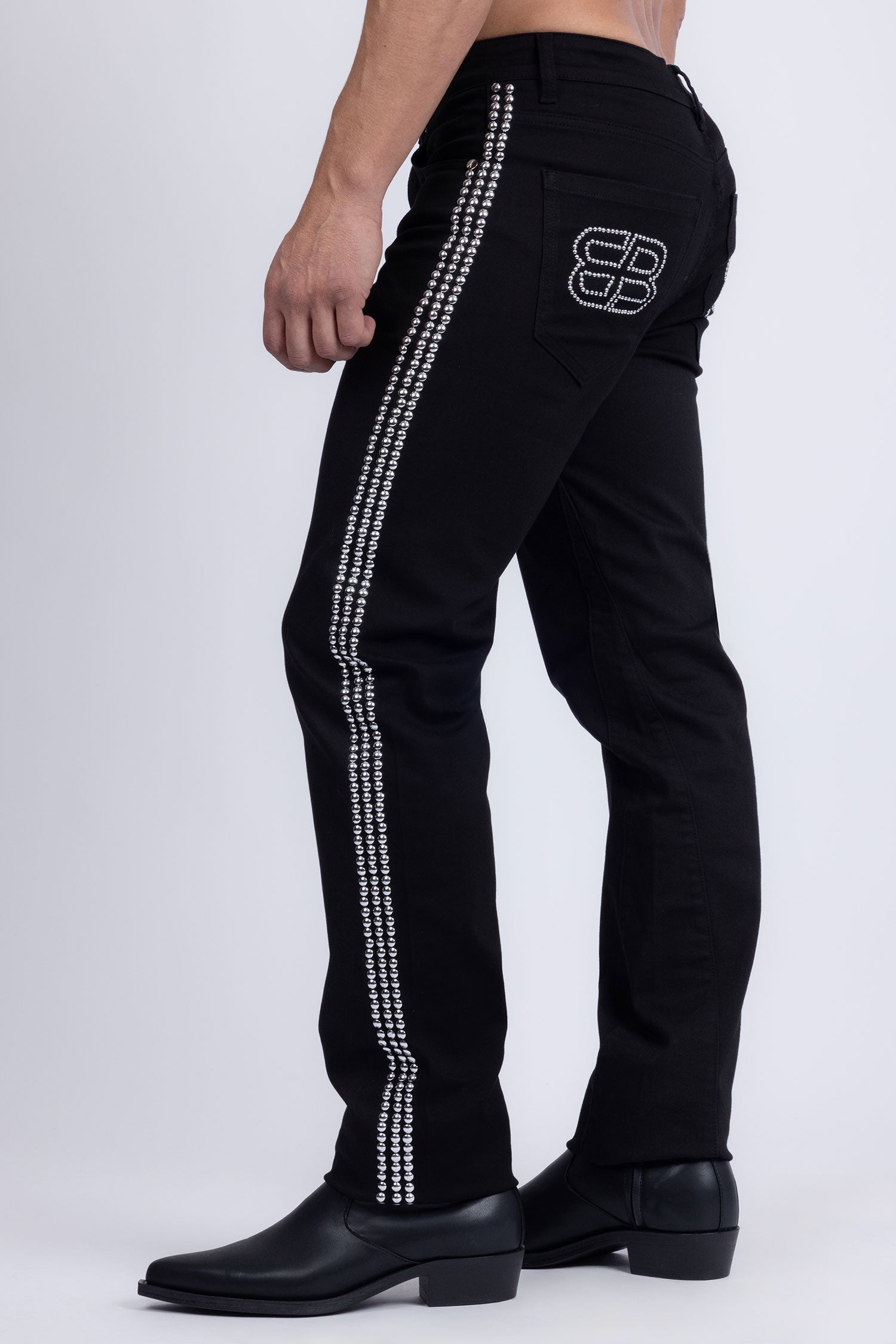 Barabas Men's Studded Stretchable Denim Solid Color Jeans 5ED04 Black SIlver