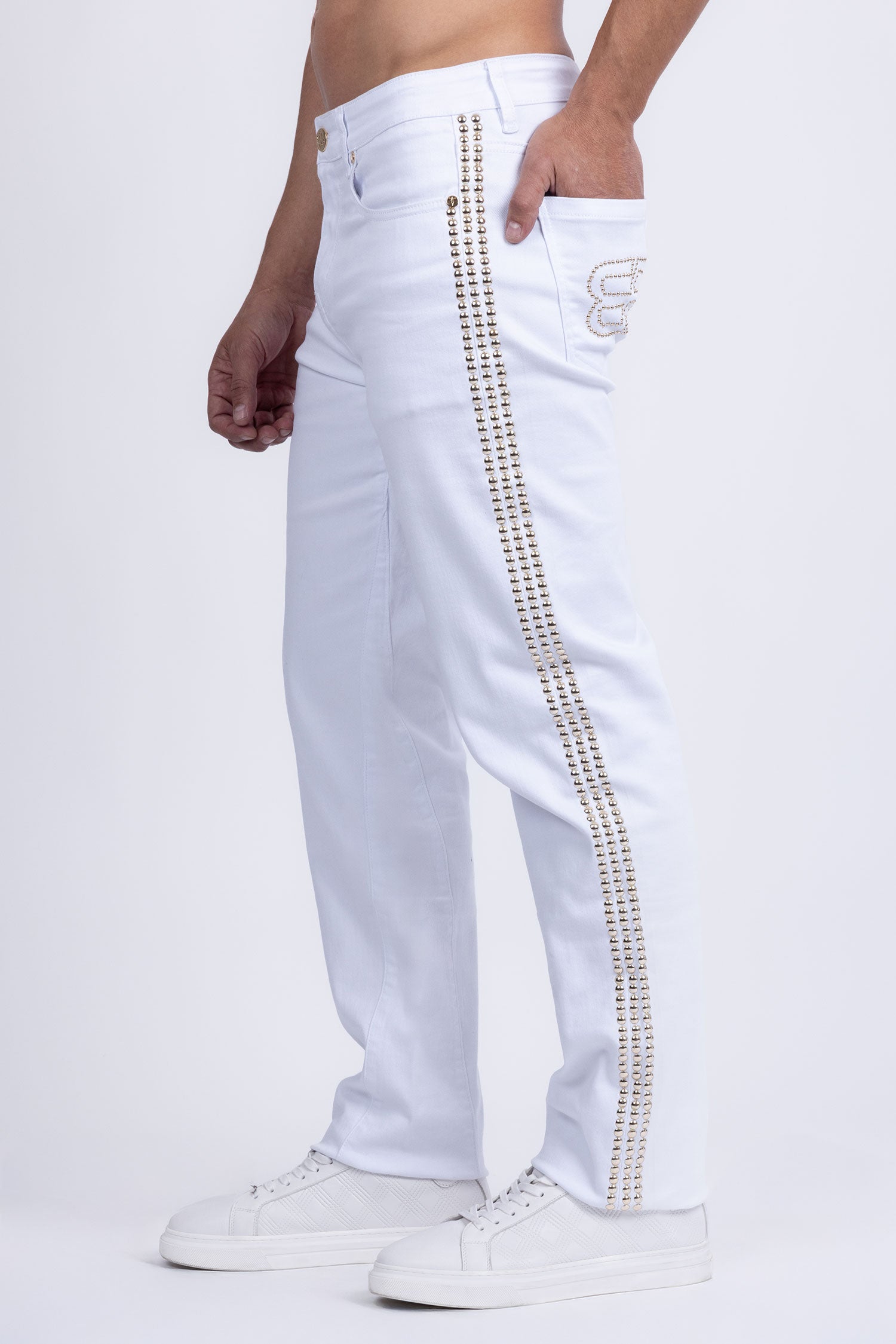 Barabas Men's Studded Stretchable Denim Solid Color Jeans 5ED04 White Gold