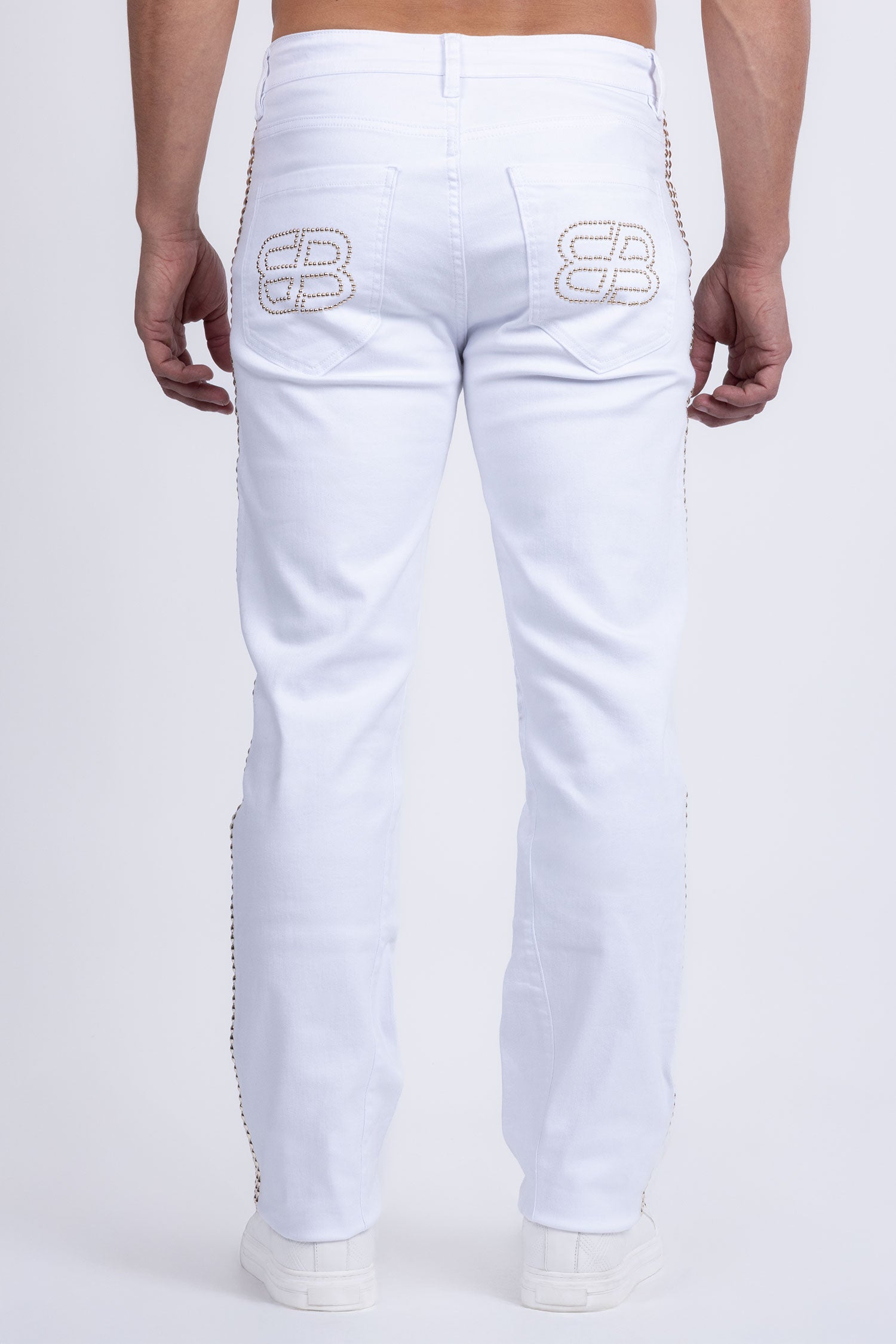 Barabas Men's Studded Stretchable Denim Solid Color Jeans 5ED04 White Gold