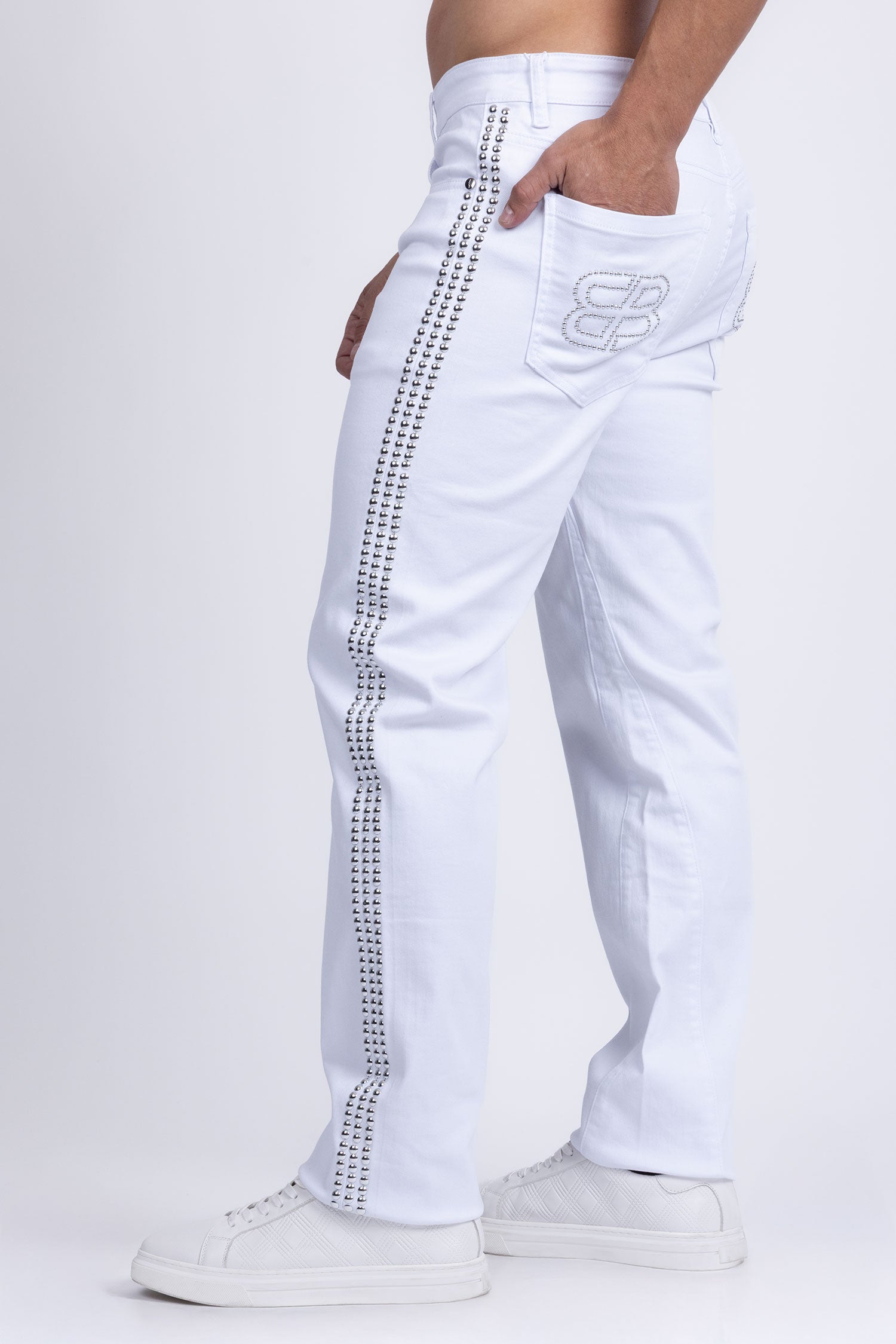 Barabas Men's Studded Stretchable Denim Solid Color Jeans 5ED04 White Silver