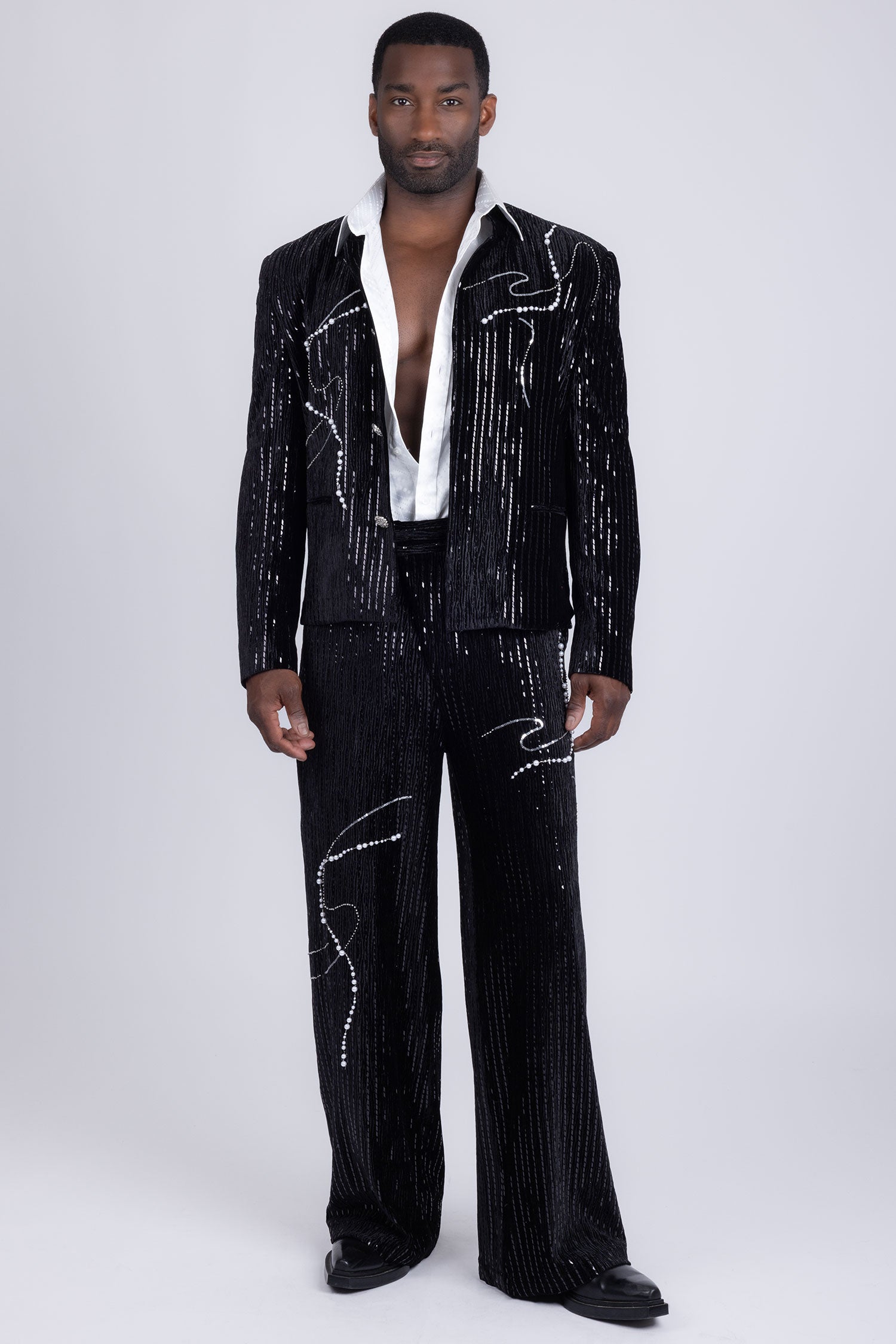 Barabas Men's Rhinestone Striped Pearls Sequins Suit 5ESU01 Black
