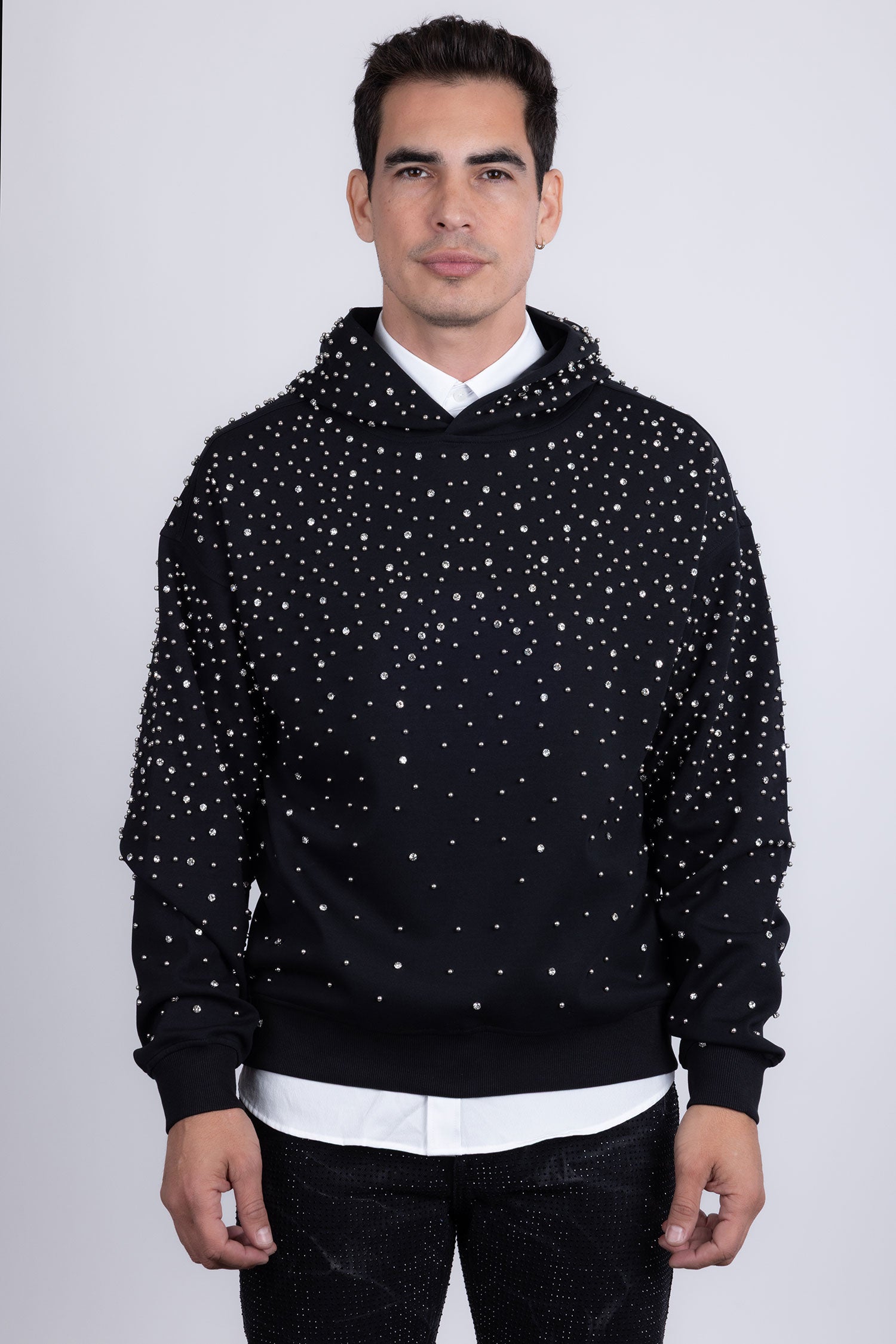 Barabas Men's Hooded Rhinestone Stretch Cardigan Sweater 5HD01 Black Silver