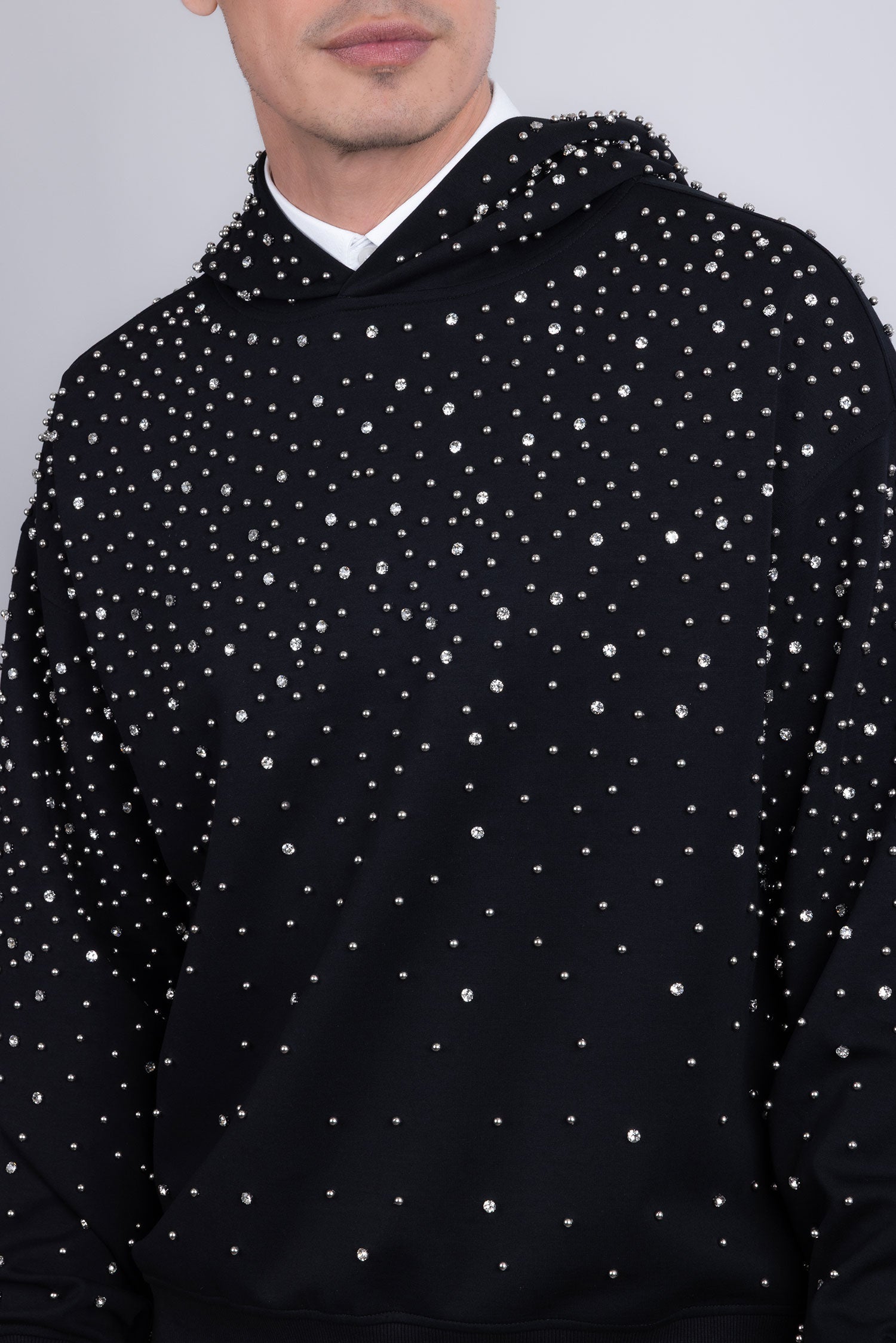 Barabas Men's Hooded Rhinestone Stretch Cardigan Sweater 5HD01 Black Silver