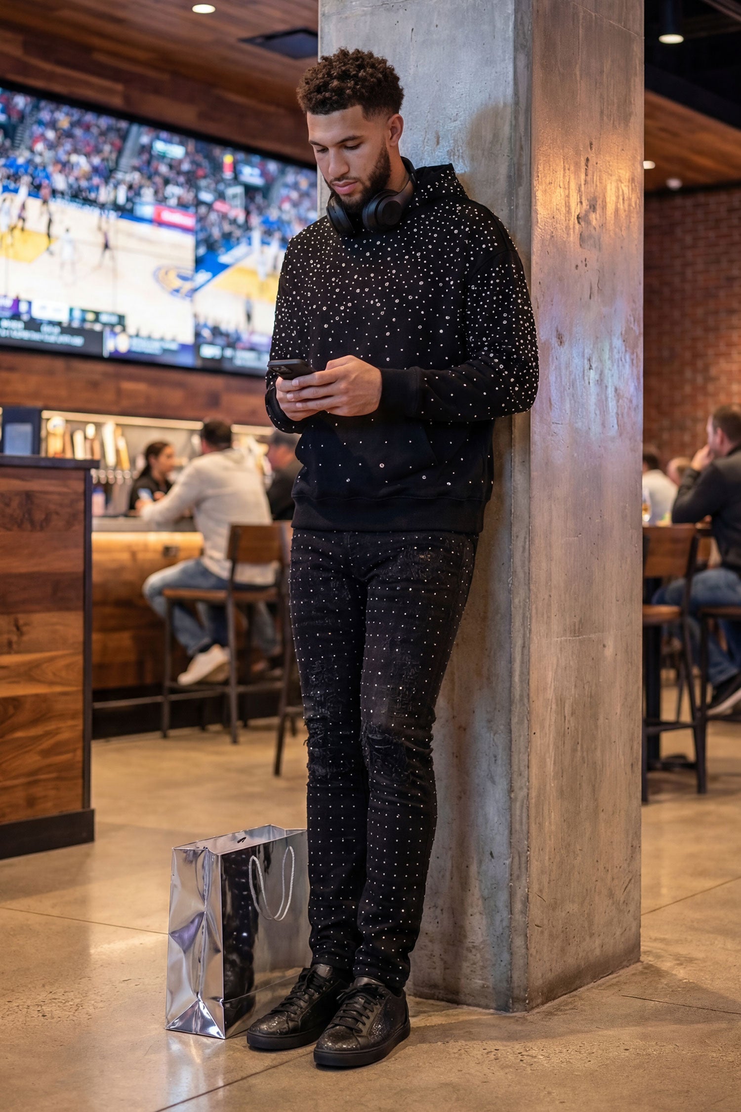 Barabas Men's Hooded Rhinestone Stretch Cardigan Sweater 5HD01 Black Silver