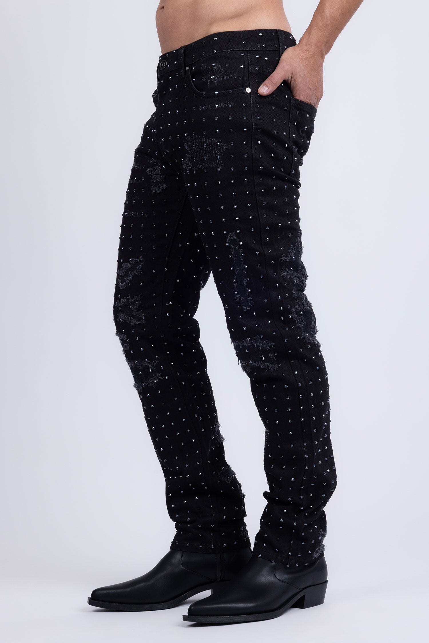 Barabas Men's Rhinestone Denim Casual Washed Jeans 5JES01 Black