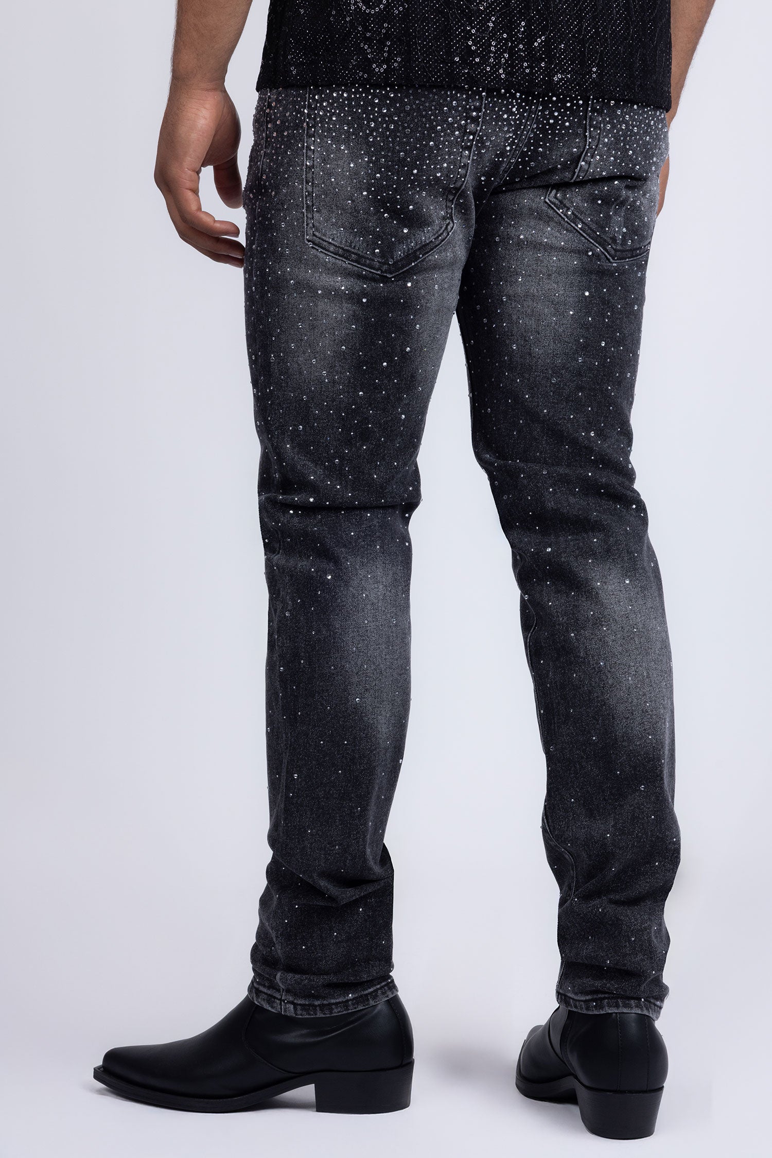 Barabas Men's Rhinestone Ripped Denim Washed Stretch Jeans 5JES02 Black SIlver