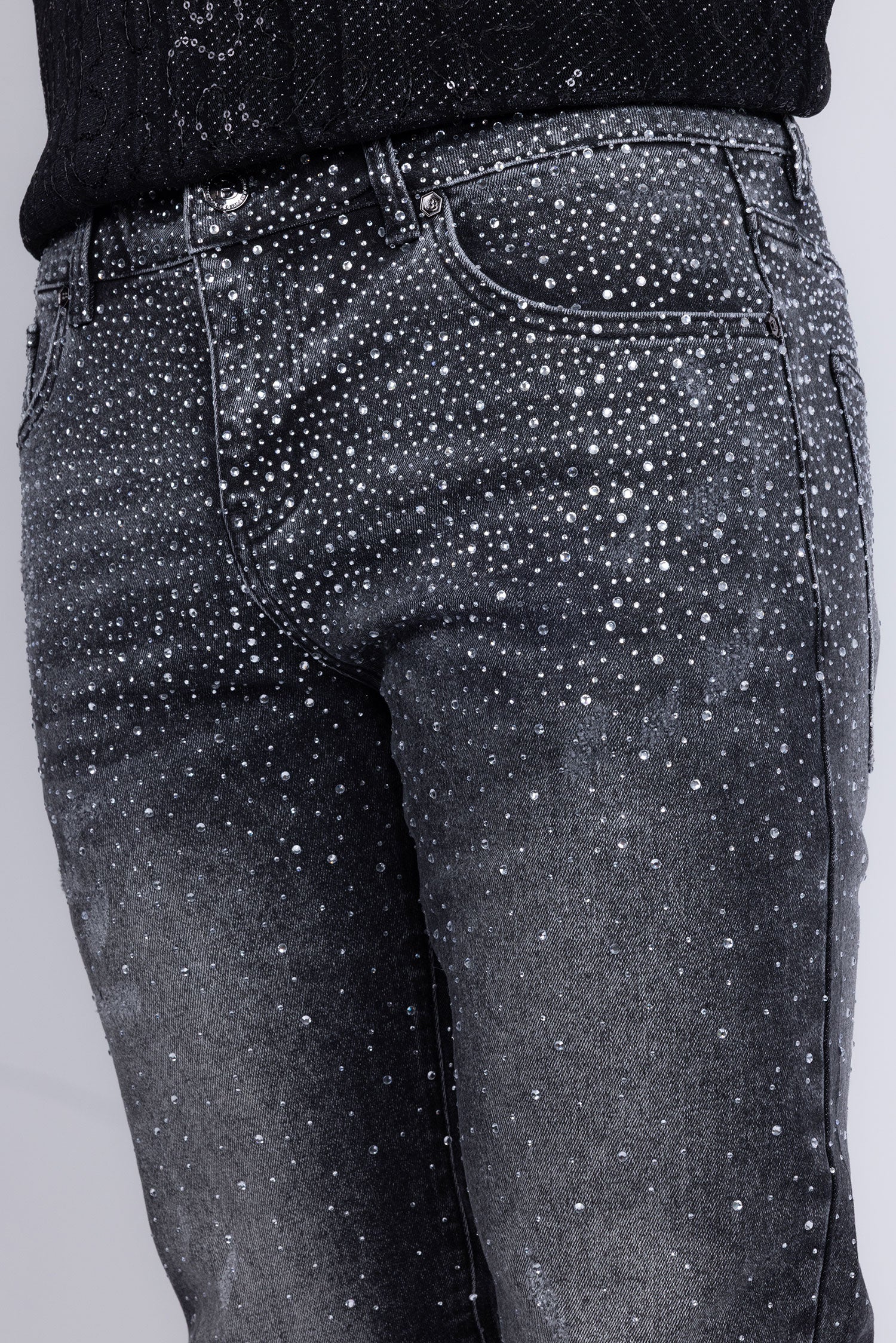 Barabas Men's Rhinestone Ripped Denim Washed Stretch Jeans 5JES02 Black Silver