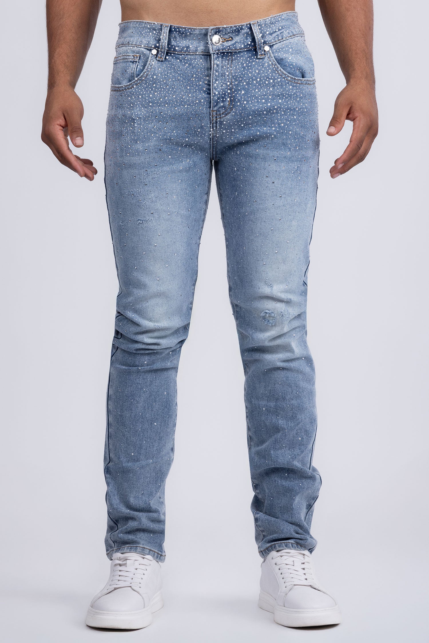 Barabas Men's Rhinestone Ripped Denim Washed Stretch Jeans 5JES02 Light Blue