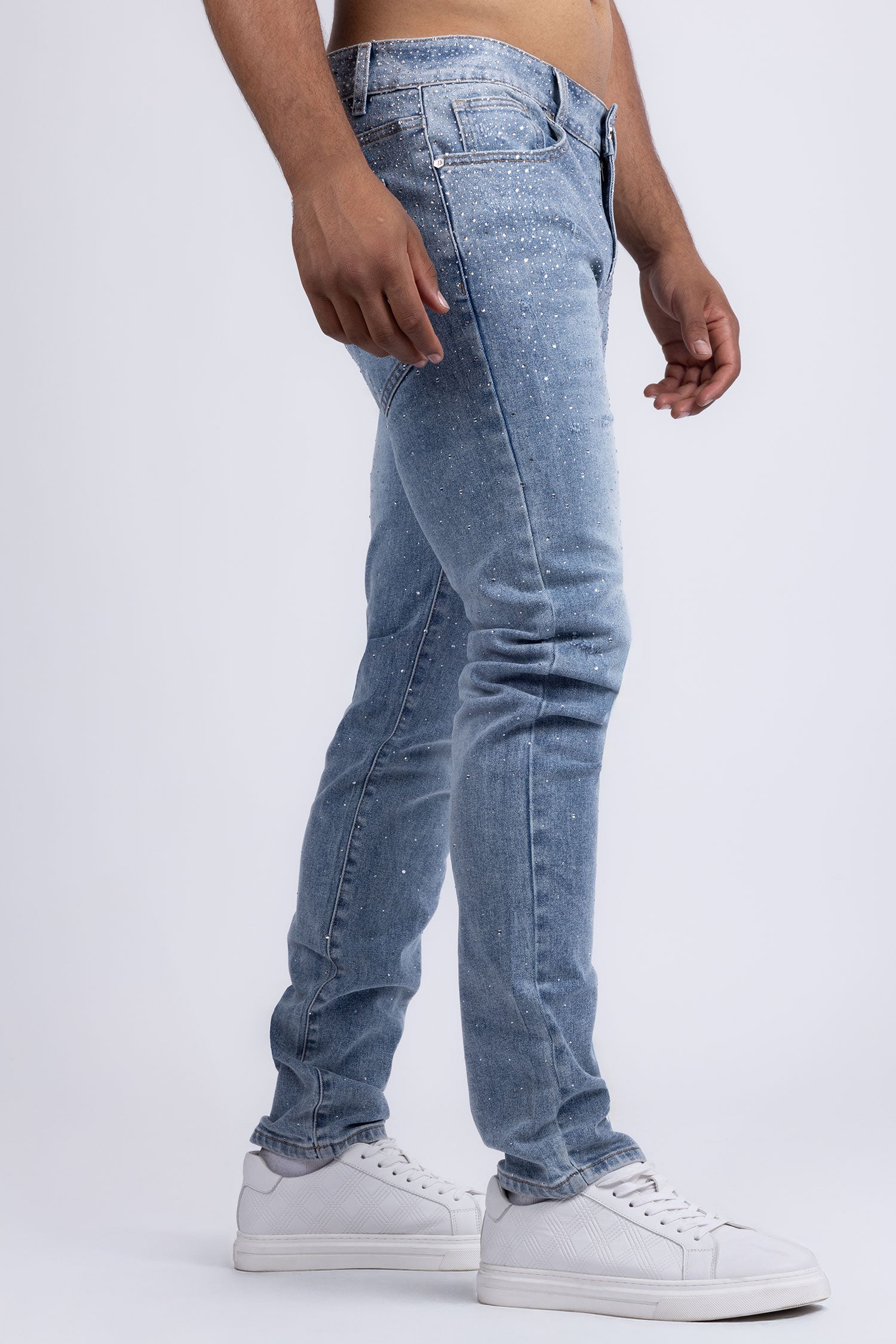 Barabas Men's Rhinestone Ripped Denim Washed Stretch Jeans 5JES02 Light Blue