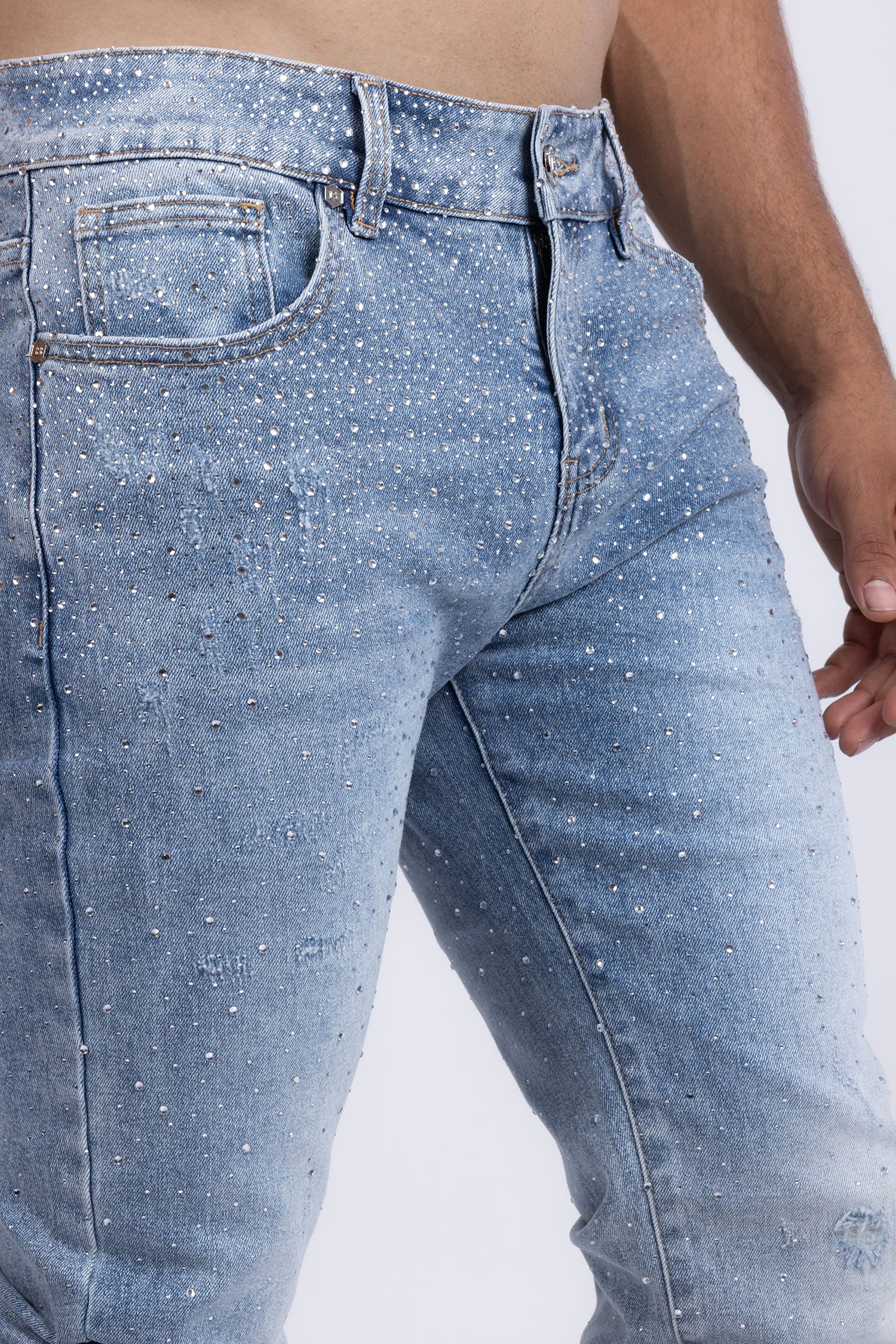 Barabas Men's Rhinestone Ripped Denim Washed Stretch Jeans 5JES02 Light Blue