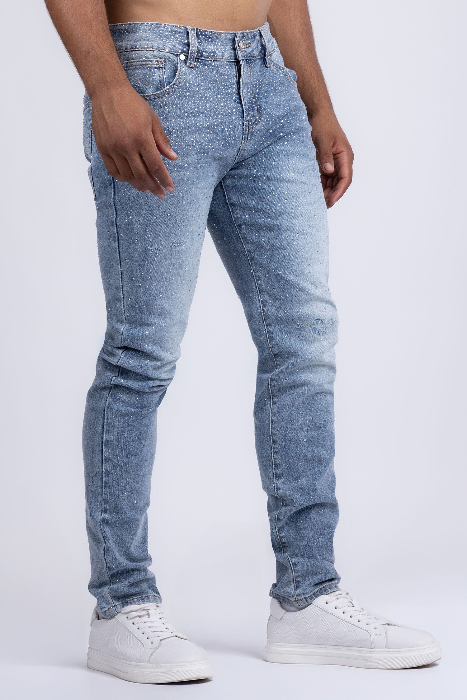 Barabas Men's Rhinestone Ripped Denim Washed Stretch Jeans 5JES02 Light Blue